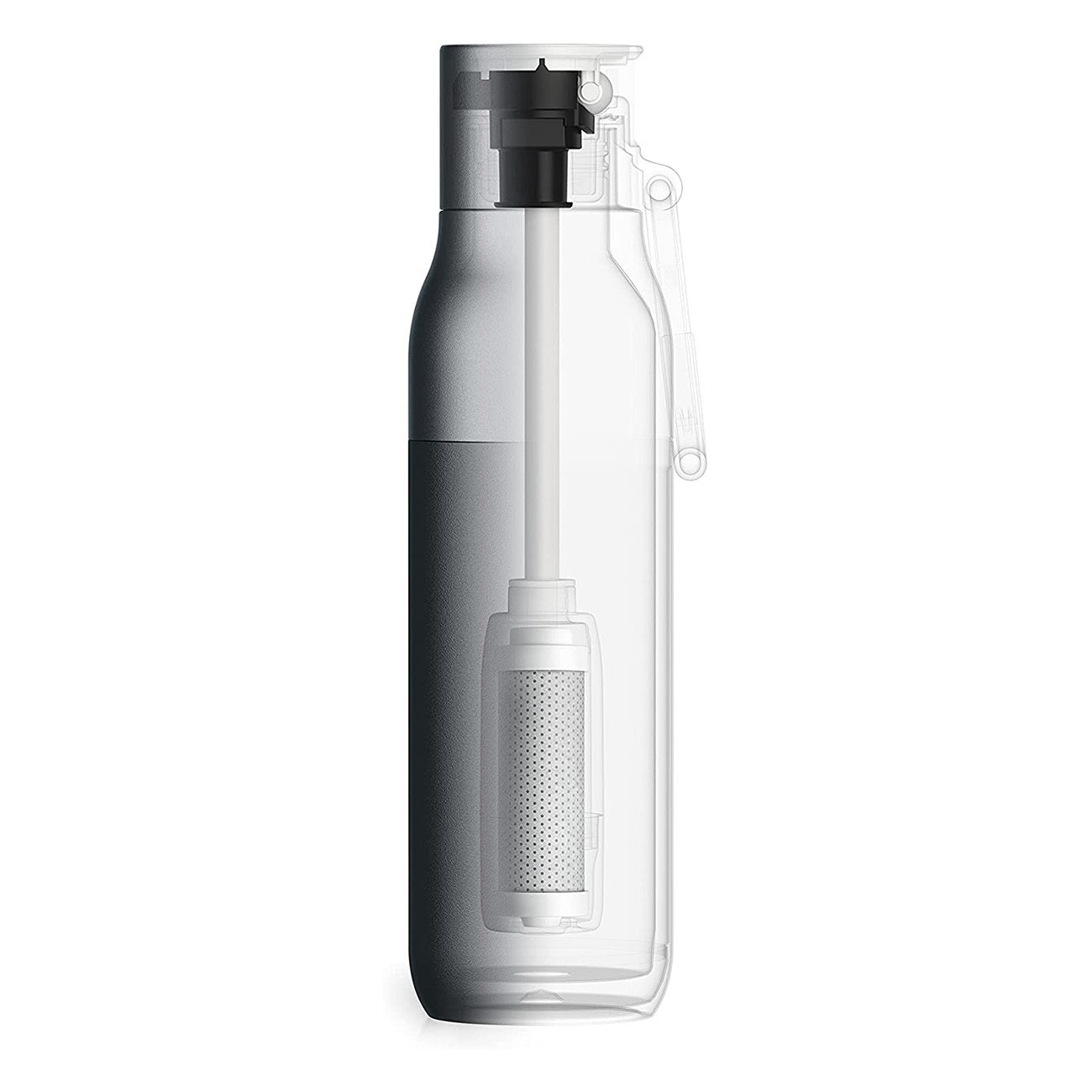 Eine transparente Wasserflasche mit einem Filter im Inneren, die die inneren Komponenten zeigt.