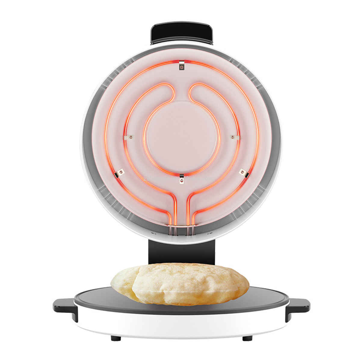 Ein weiß-schwarzer Tortilla-Maker mit leuchtendem orangefarbenem Heizelement. Zwei Tortillas sind innen.