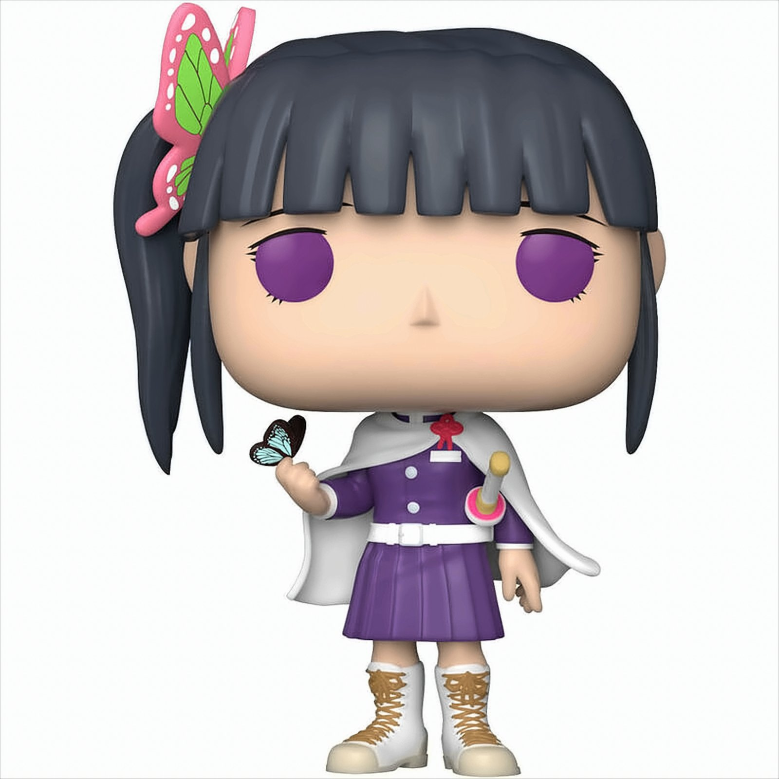 Eine Funko Pop-Figur eines Mädchens mit schwarzen Haaren, das einen Schmetterling hält und ein lila Outfit trägt.