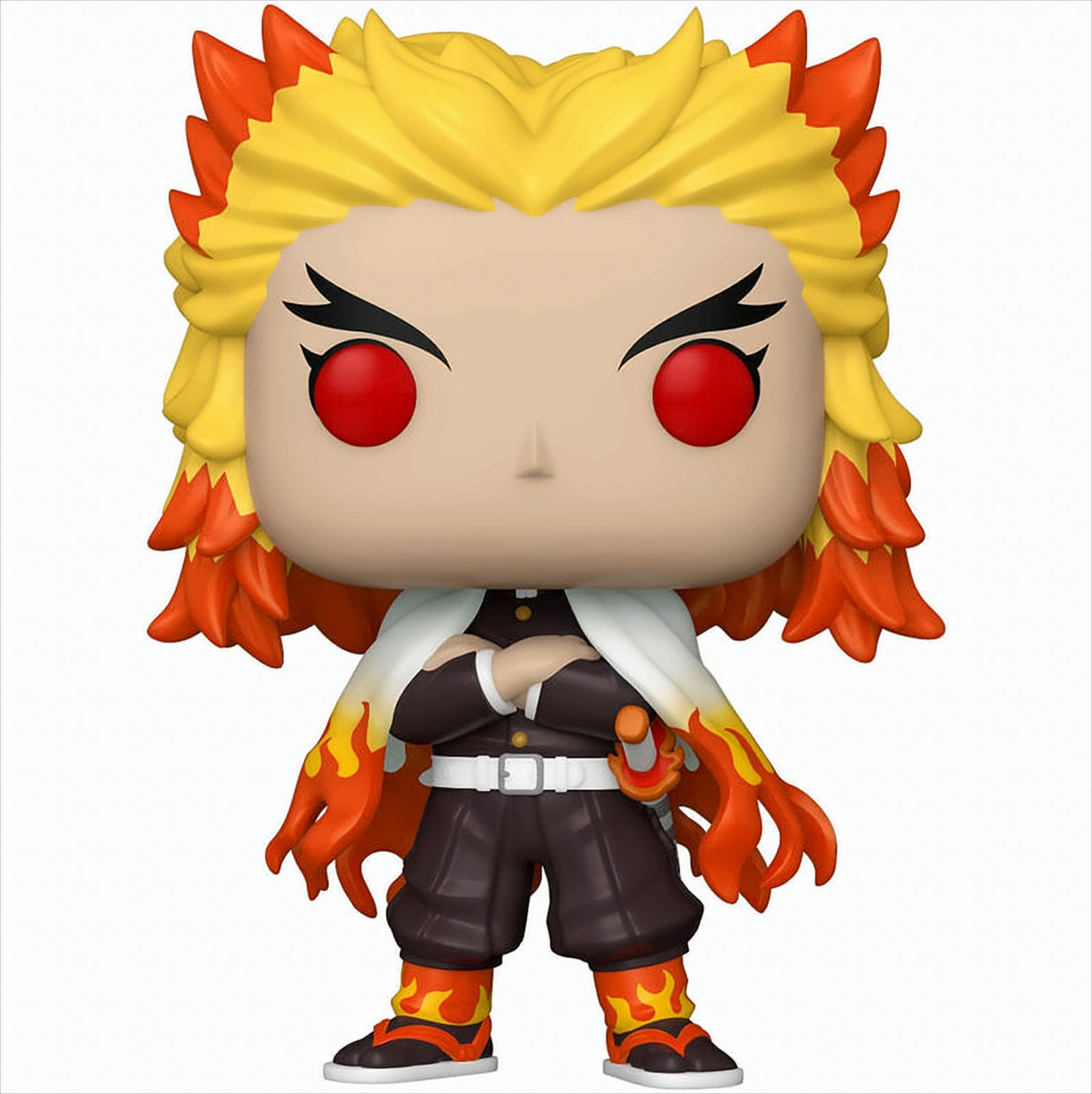Figura Funko Pop de un personaje con cabello de fuego y ojos rojos, en pose de combate.