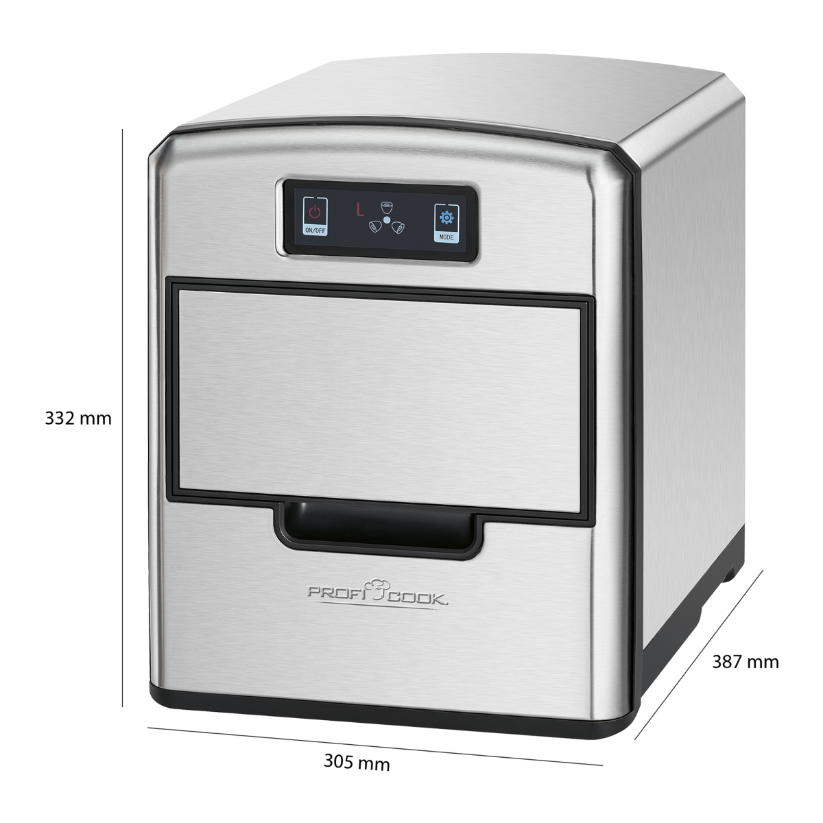 Wytwornica lodu ze stali nierdzewnej z cyfrowym sterowaniem i szufladą.