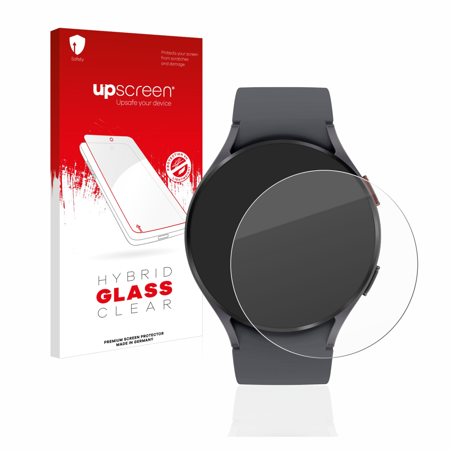 Schwarze Smartwatch mit Displayschutzfolie und Box. Die Box ist rot und hat Text.