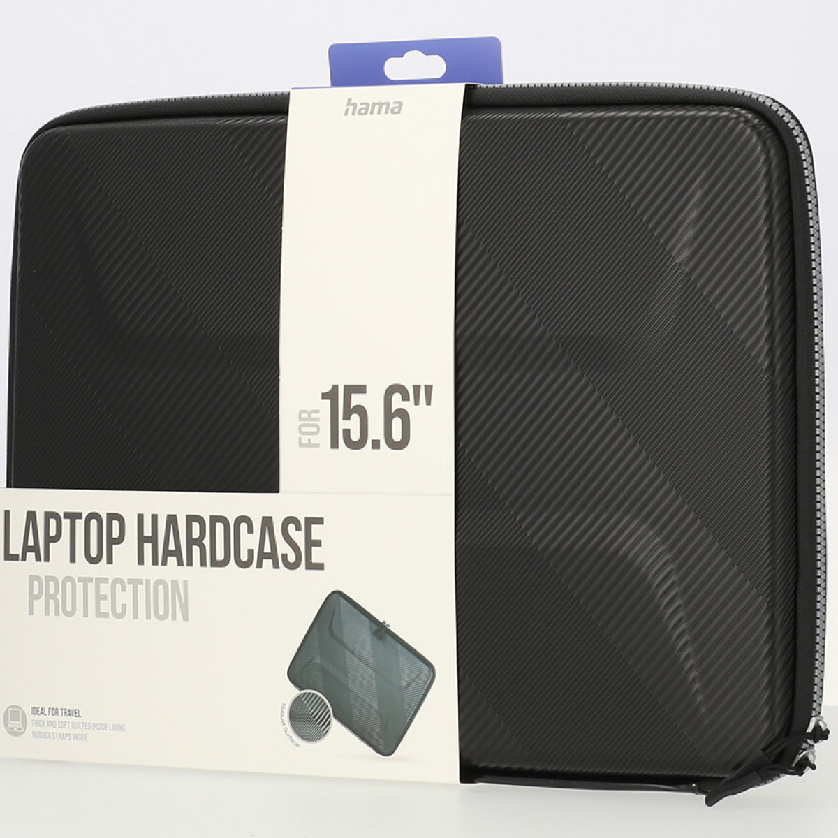 Schwarze Laptop-Hartschale mit weißem Etikett. Auf dem Etikett steht „15.6“ und „Laptop-Hartschale“.