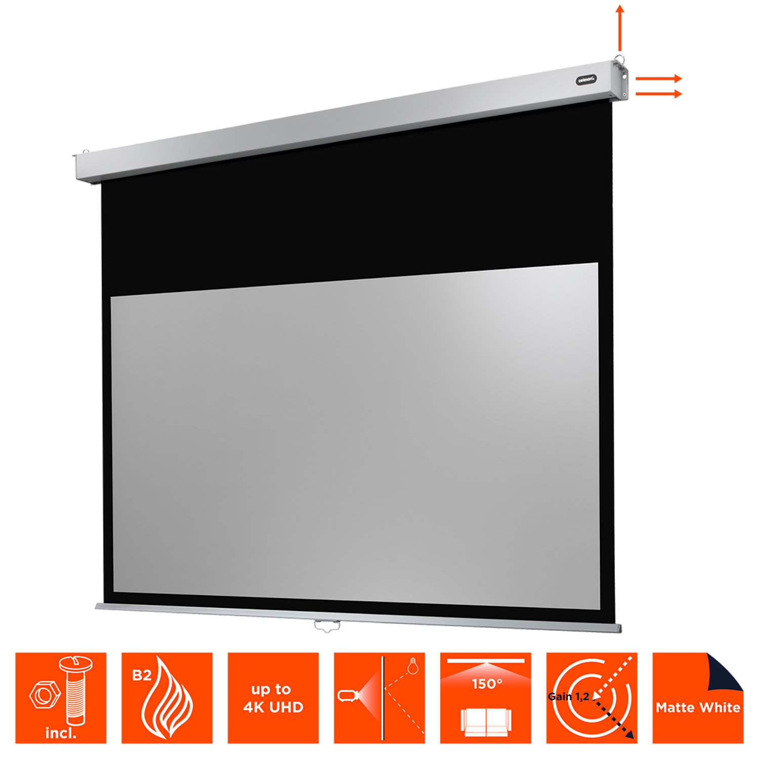 Projektorleinwand. Weißer Bildschirm ist ausgefahren, mit schwarzem Gehäuse oben. Symbole unten.