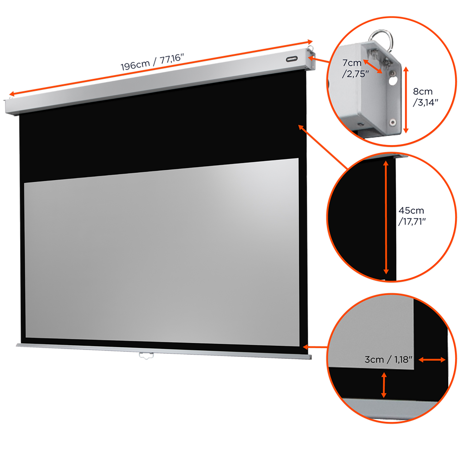 Projektorleinwand mit Abmessungen und Details in einem Diagramm, das die Größe zeigt.