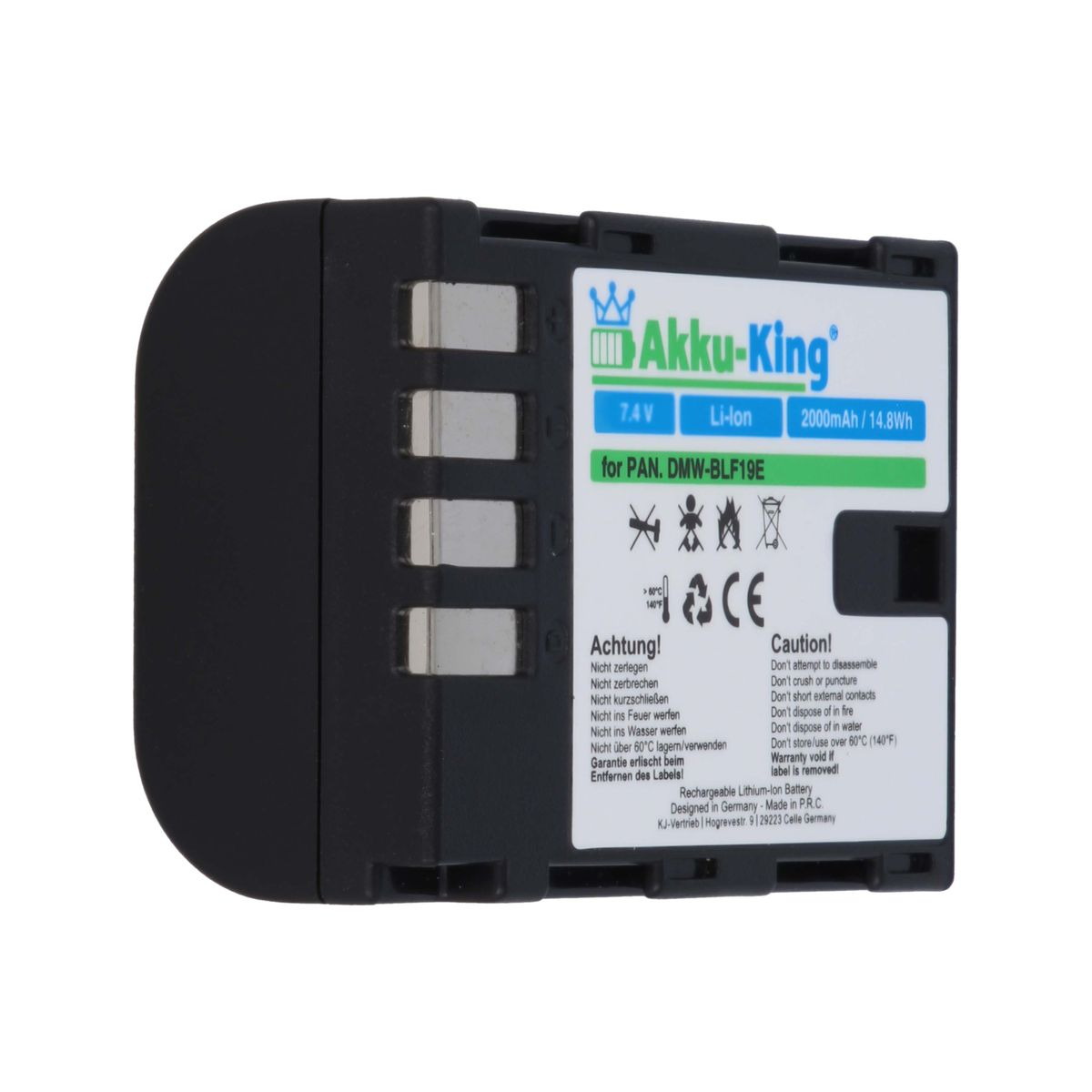 Akku Li-Ion mit Kamera-Akku, Panasonic 2000mAh DMW-BLF19E AKKU-KING kompatibel Volt, 7.4