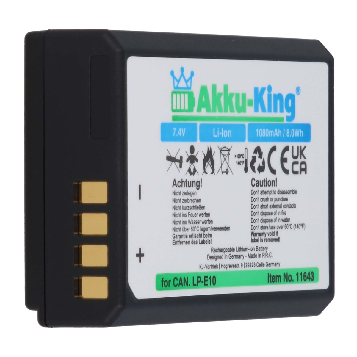 kompatibel Akku 1080mAh mit AKKU-KING Li-Ion Kamera-Akku, 7.4 Canon Volt, LP-E10