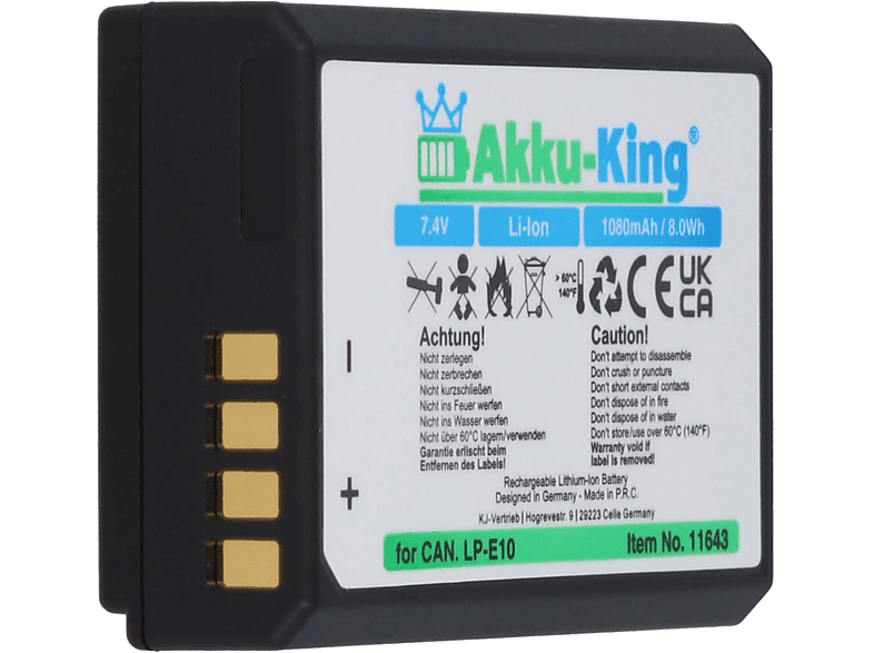 AKKU-KING Akku kompatibel mit Canon LP-E10 Li-Ion Kamera-Akku, 7.4 Volt, 1080mAh
