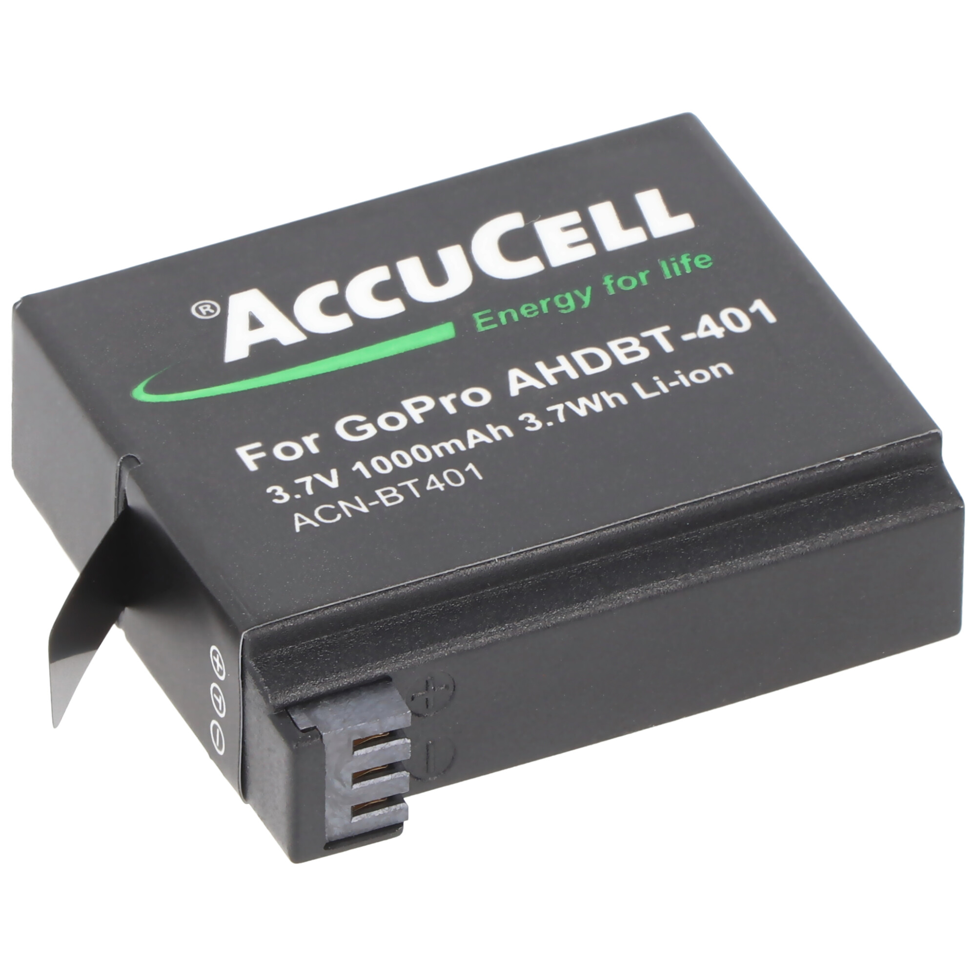 Schwarzer GoPro-Akku mit weißem Text. Er lautet AccuCell, Energy for life, For GoPro AHDVT-401, 3.7V 1000mAh.