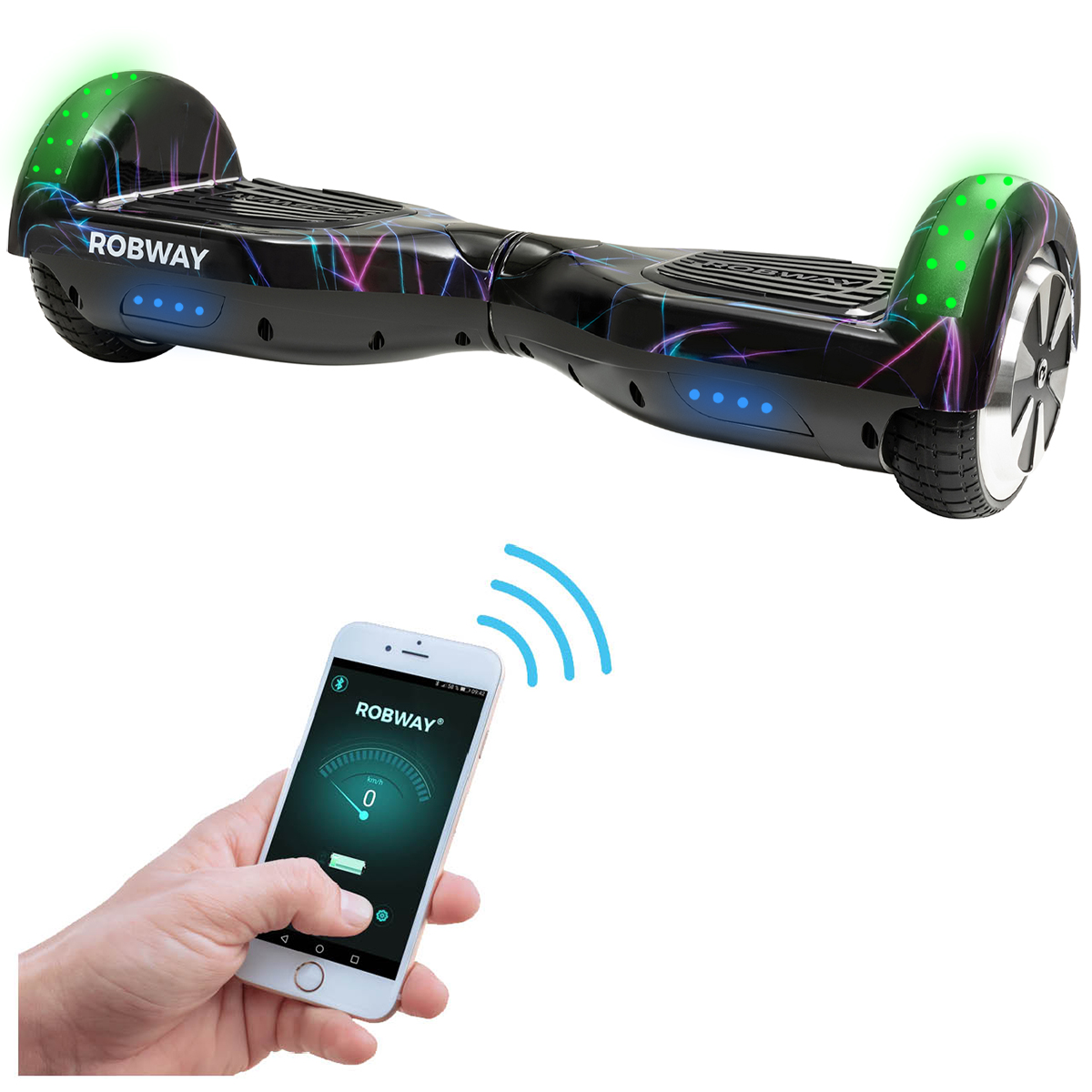Ein schwarzes Hoverboard mit bunten Lichtern, gesteuert von einem Telefon, das Geschwindigkeit und Akku anzeigt.