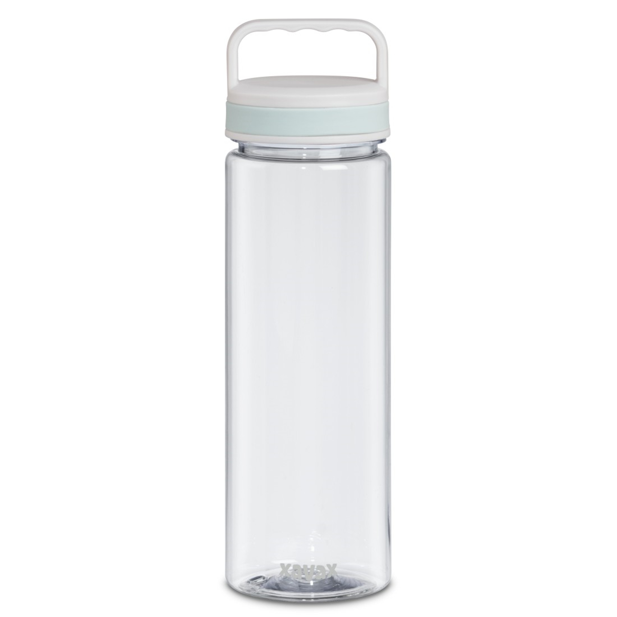 Transparente Wasserflasche mit weißem Deckel und Griff. Weißer Hintergrund.