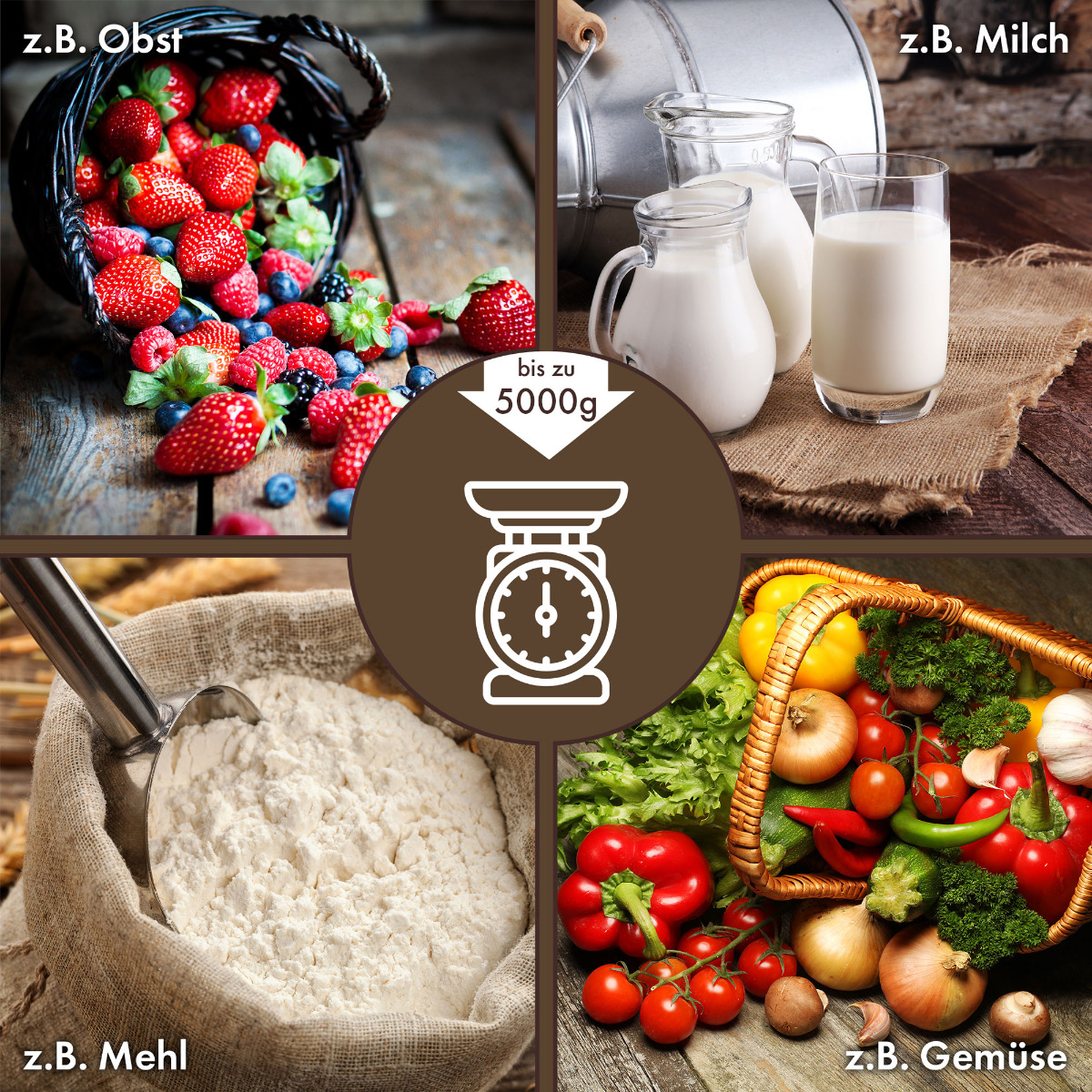 Cztery kwadranty ze składnikami: truskawki, mleko, mąka i warzywa, wraz z wagą.