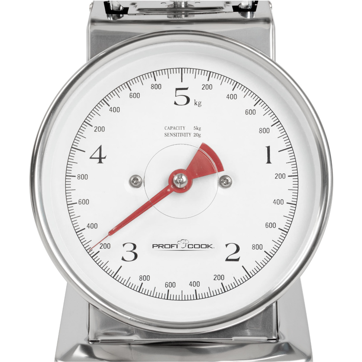 Srebrno-biała waga z czerwoną wskazówką. Waga wyświetla liczby i tarczę.