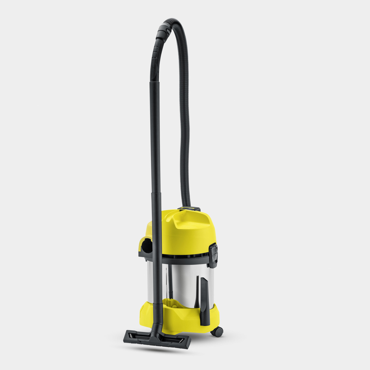 Aspirapolvere giallo in posizione verticale, che mostra il suo design e la sua struttura.