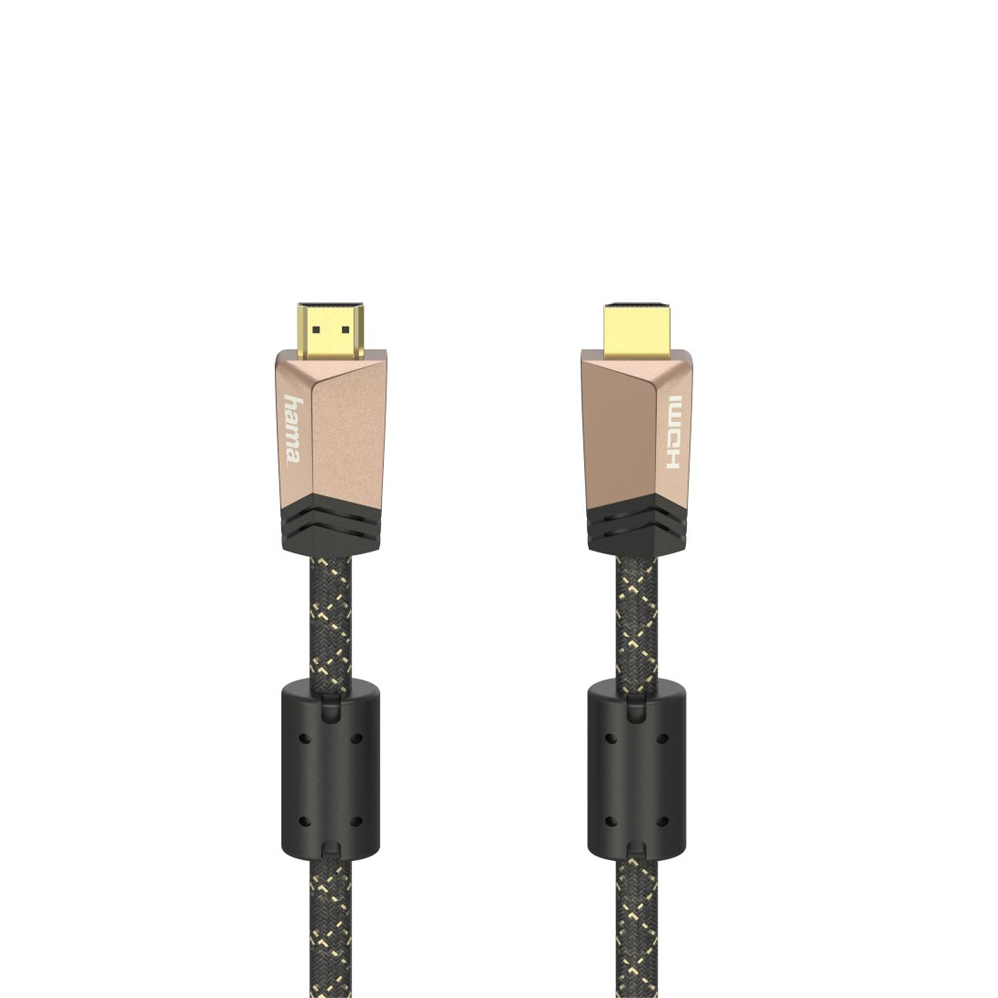 Dwa złote kable HDMI. Białe tło.