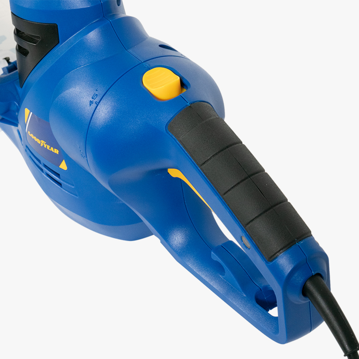 Soplador de hojas Goodyear azul y negro con un botón amarillo y un mango negro.