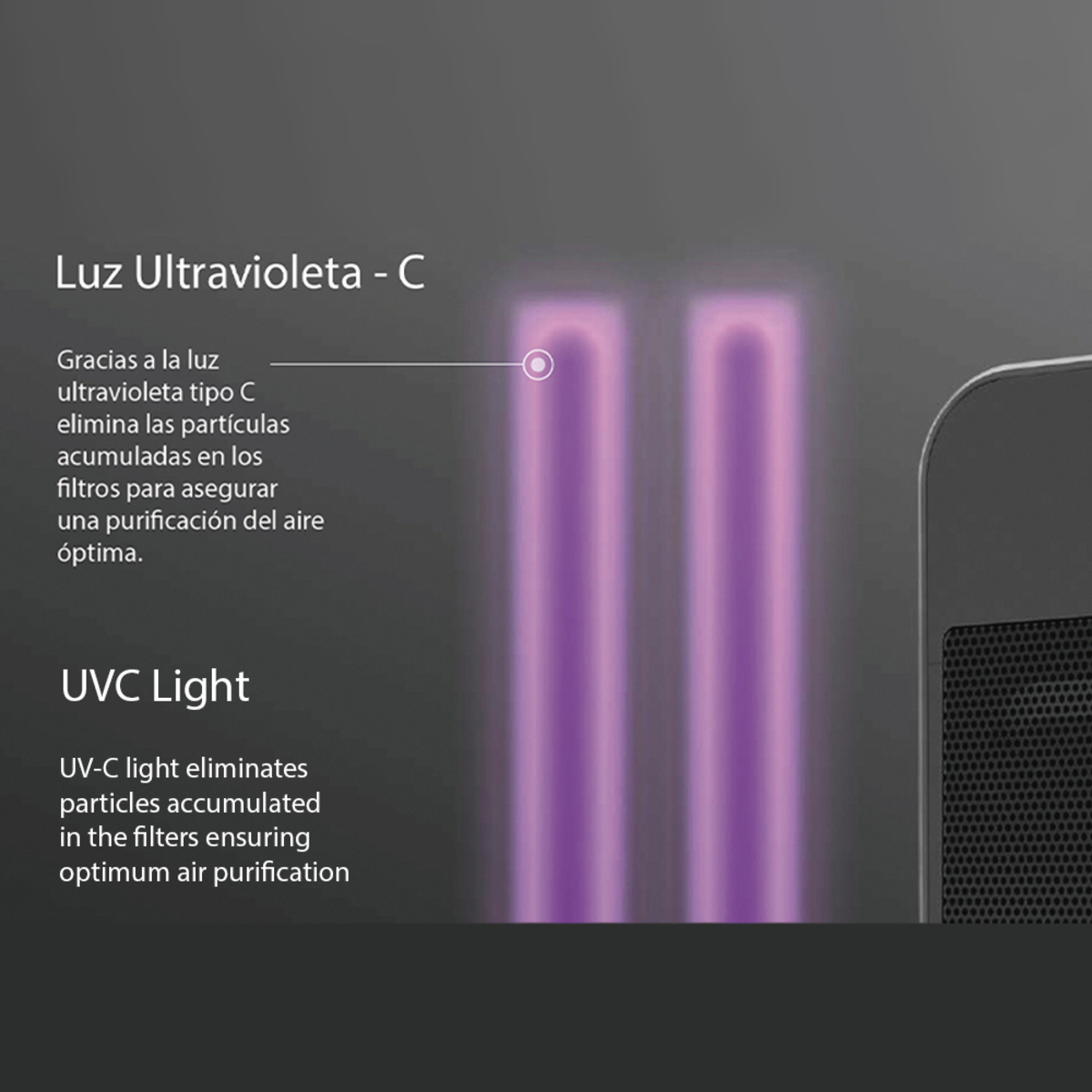 Due luci viola con testo sulla luce UVC che elimina le particelle nell'aria.
