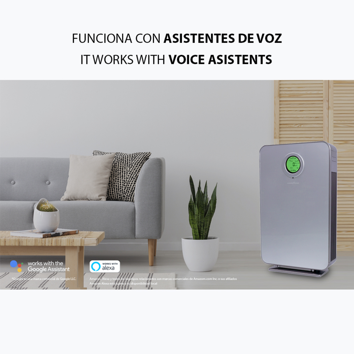 Un purificador de aire en una habitación con el texto 'It Works With Voice Asistents'.