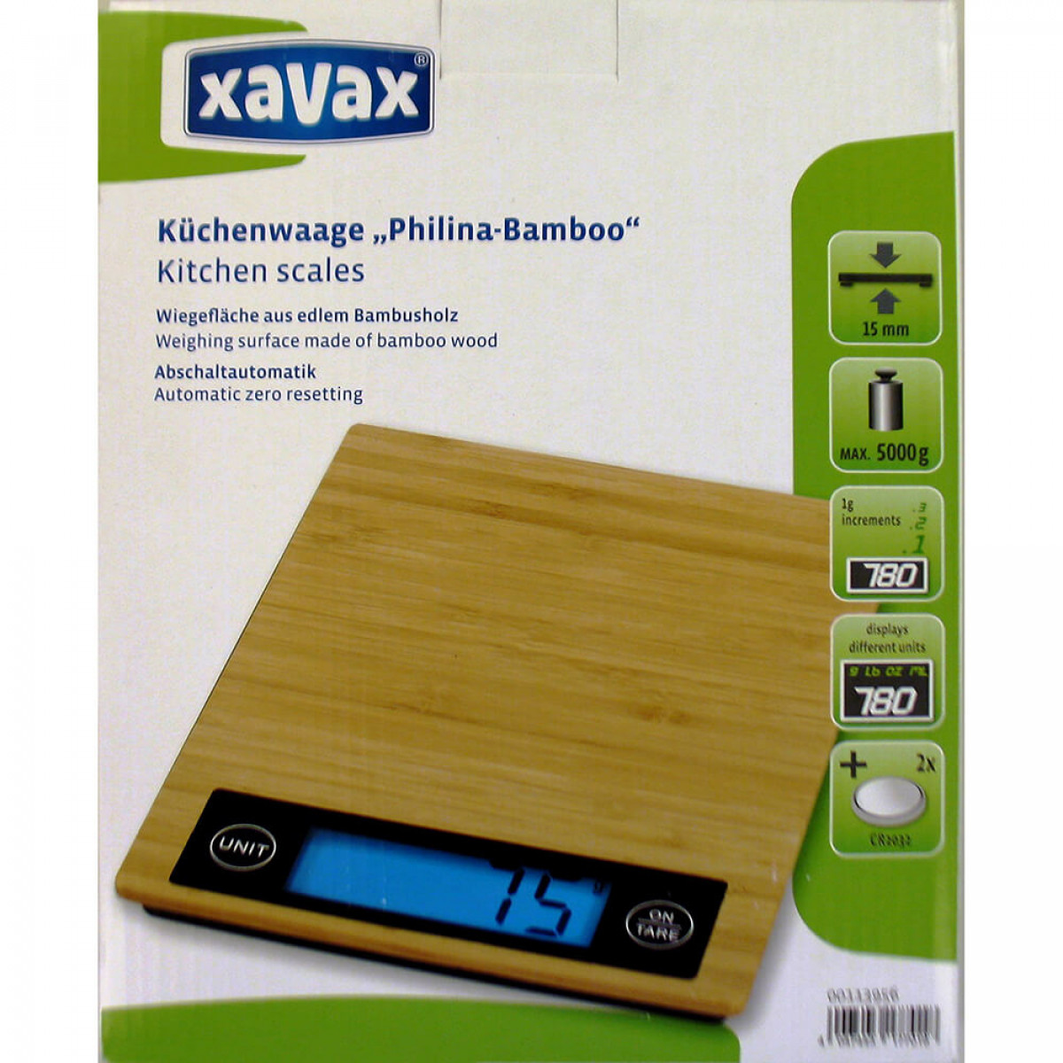 Küchenwaage aus Bambus mit Digitalanzeige, die 75 anzeigt. Weißer Hintergrund mit Produktinfo.
