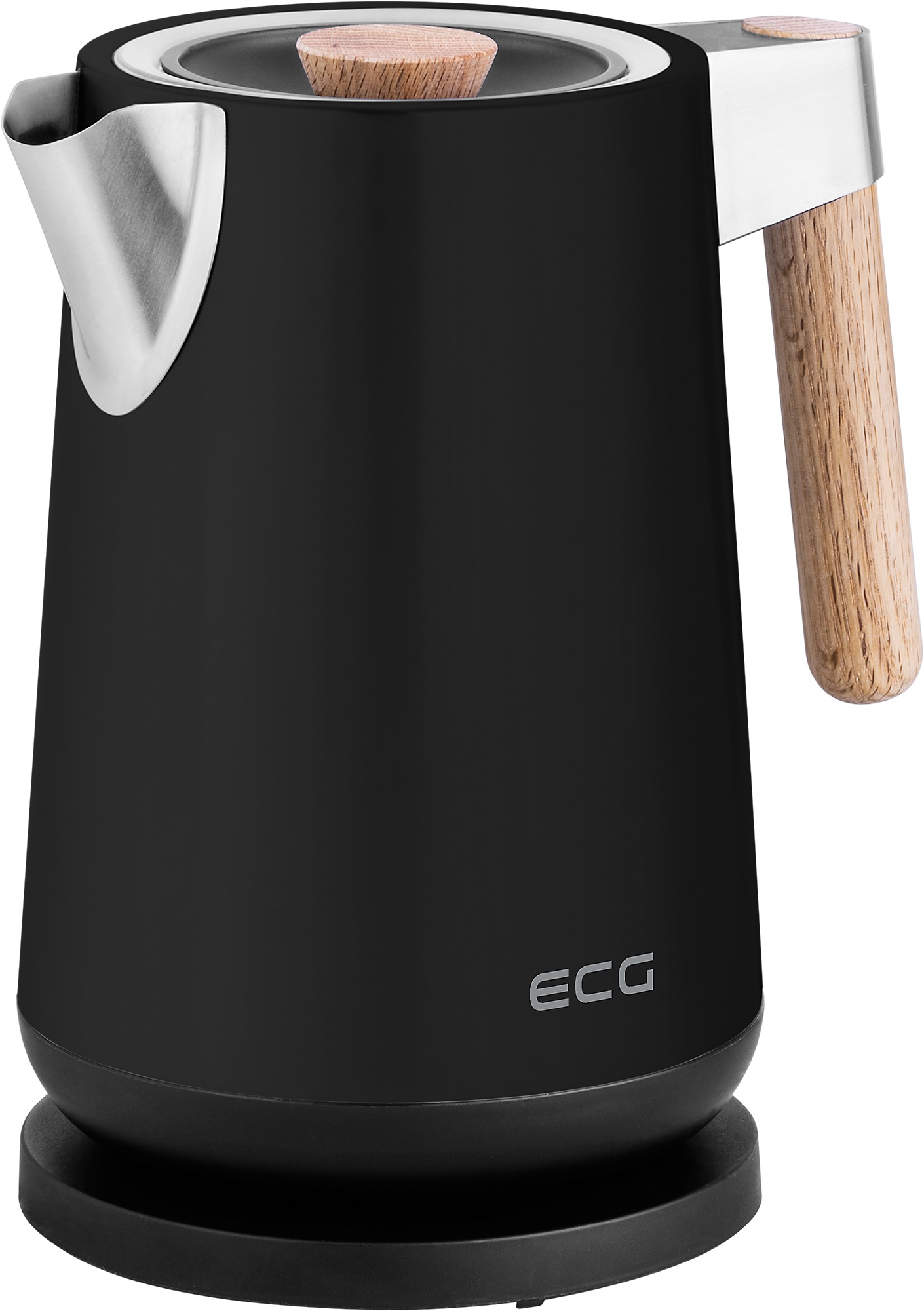 Czarny czajnik elektryczny z drewnianym uchwytem i pokrywą, srebrne akcenty.