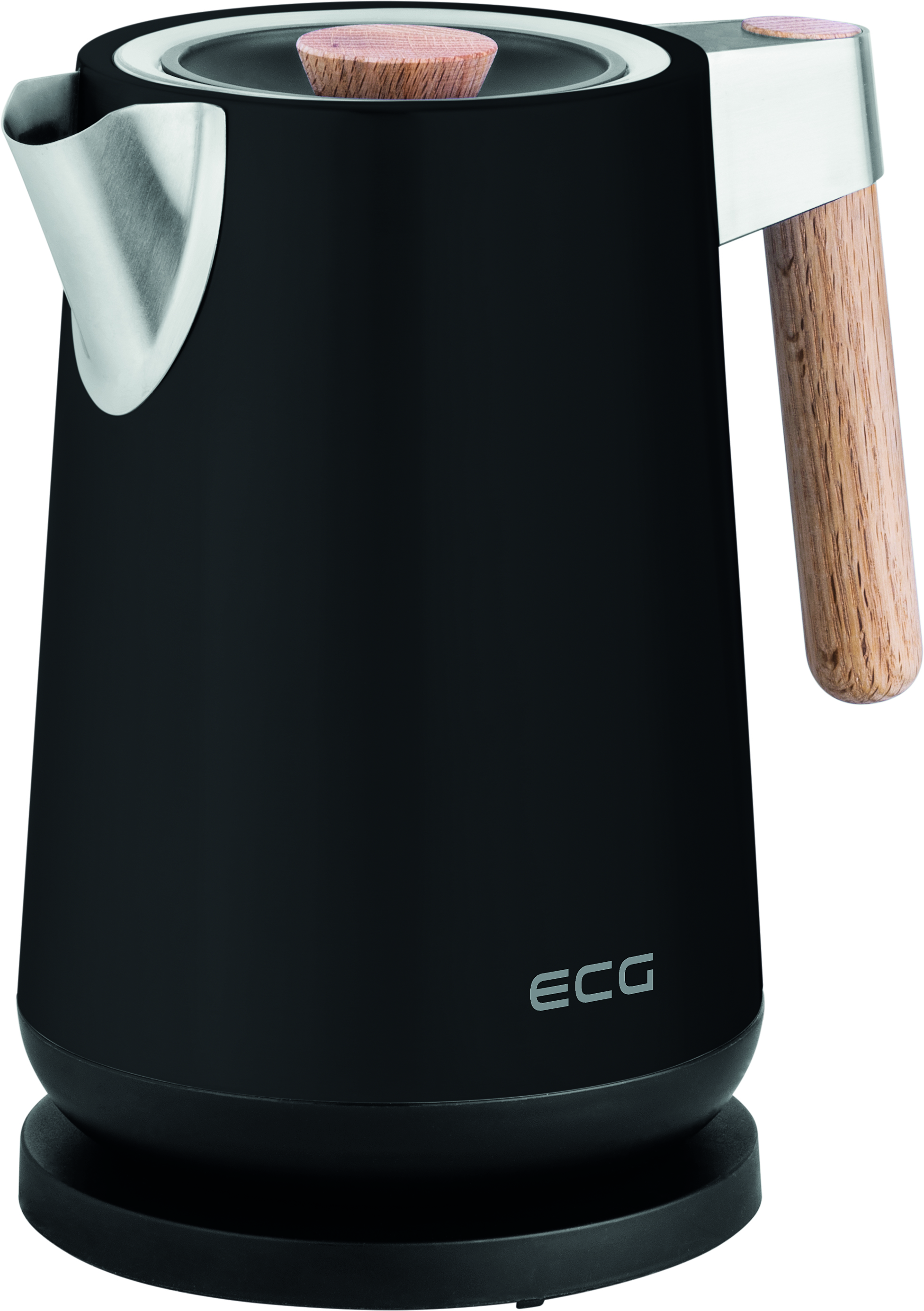 Czarny czajnik elektryczny z drewnianym uchwytem i pokrywą, na czarnej podstawie. Widoczne logo ECG.