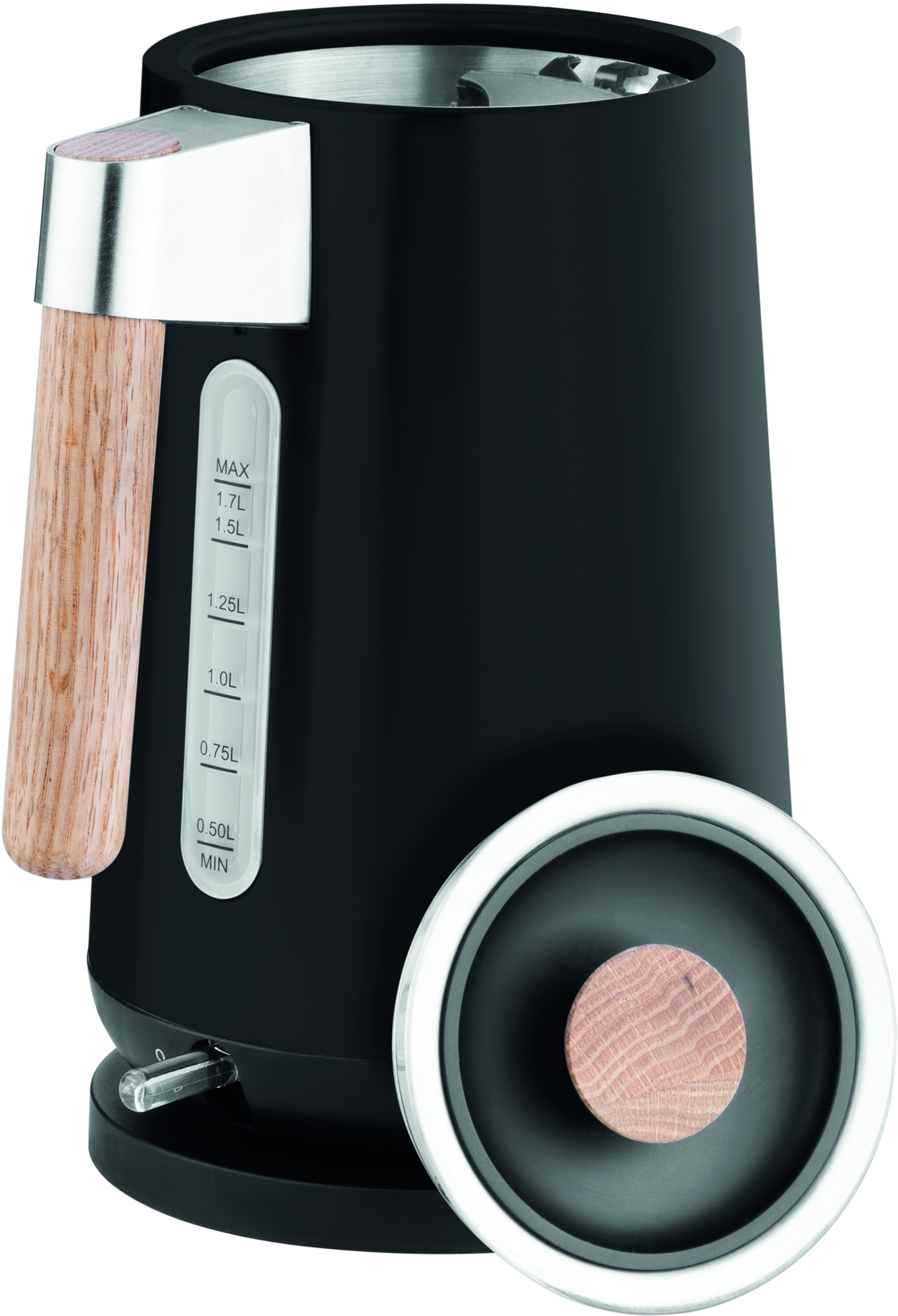 Czarny czajnik elektryczny z drewnianym uchwytem i pokrywką. Poziom wody jest widoczny.