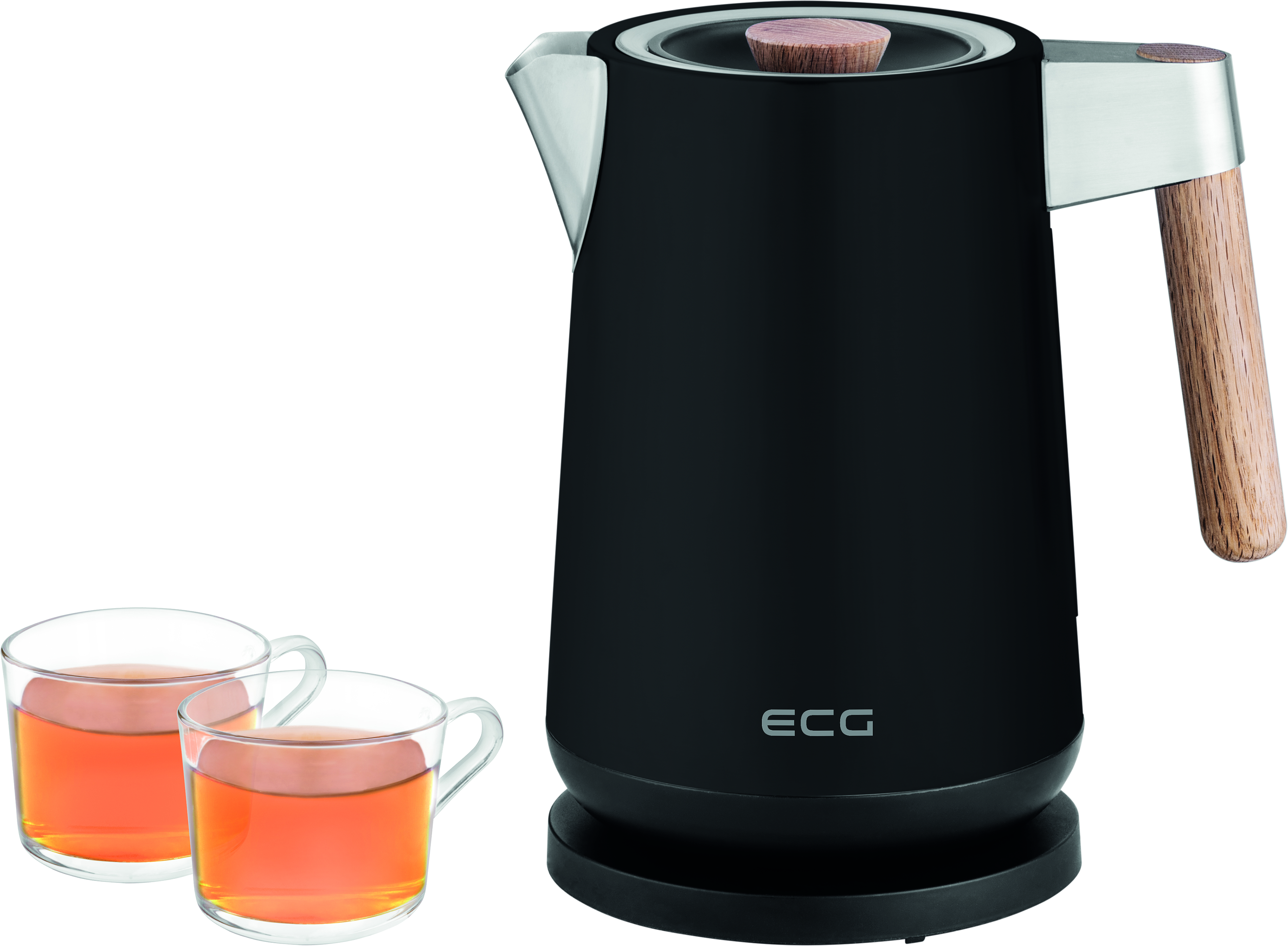 Czarny czajnik elektryczny i dwie szklanki z herbatą w środku. Białe tło.