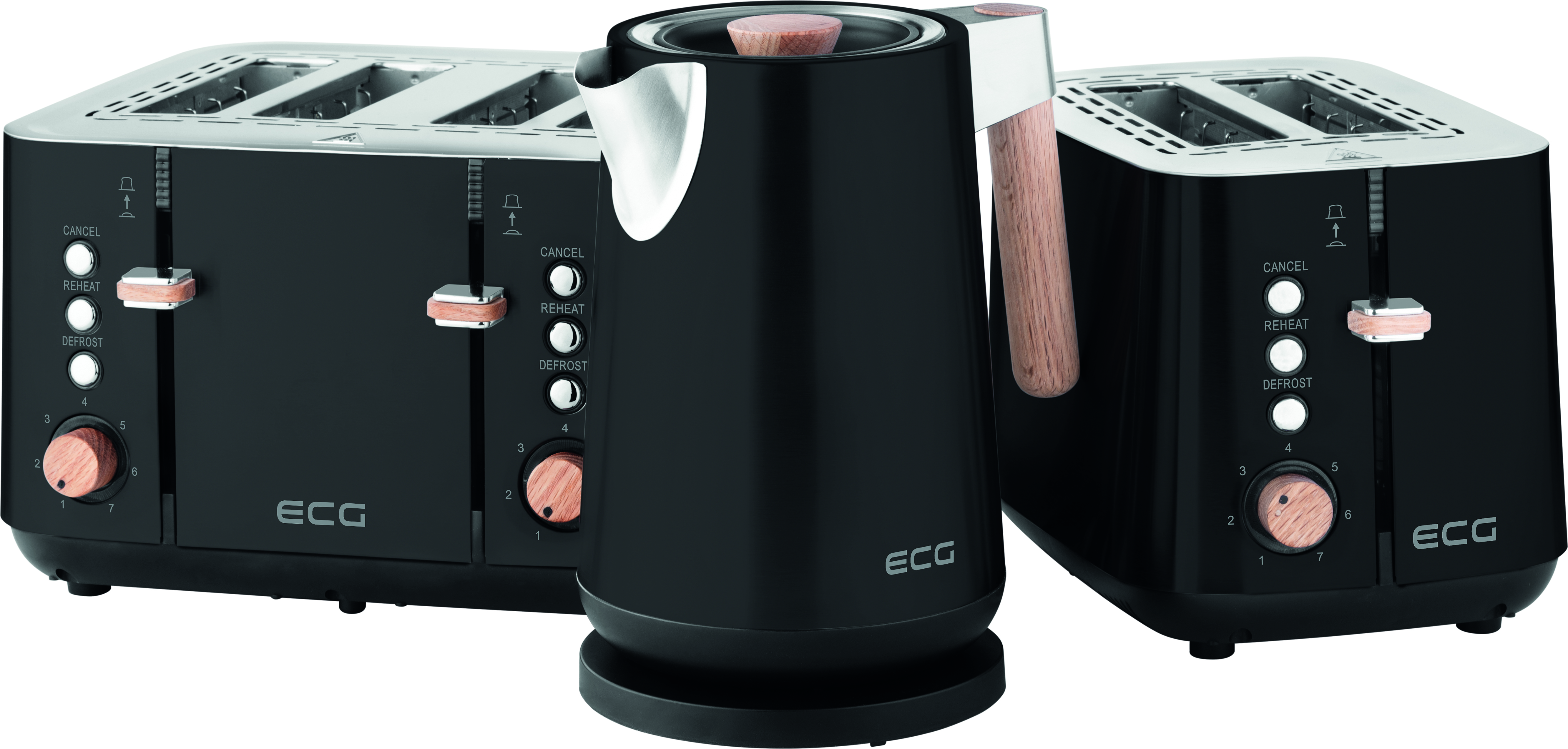 Czarny zestaw kuchenny: dwa tostery i czajnik z drewnianymi akcentami.