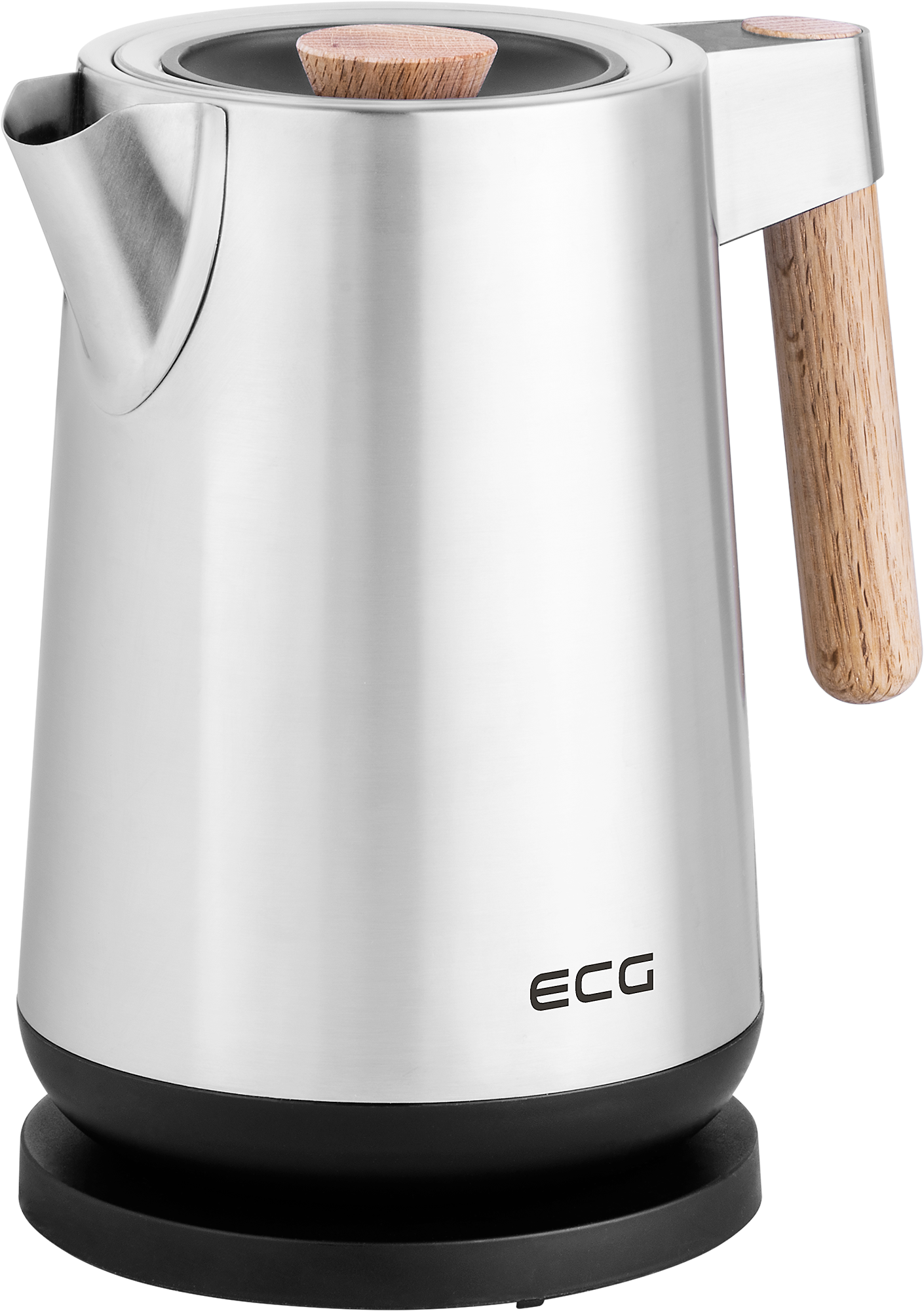Srebrny czajnik elektryczny z drewnianym uchwytem i pokrywą. Czarna podstawa z logo ECG.