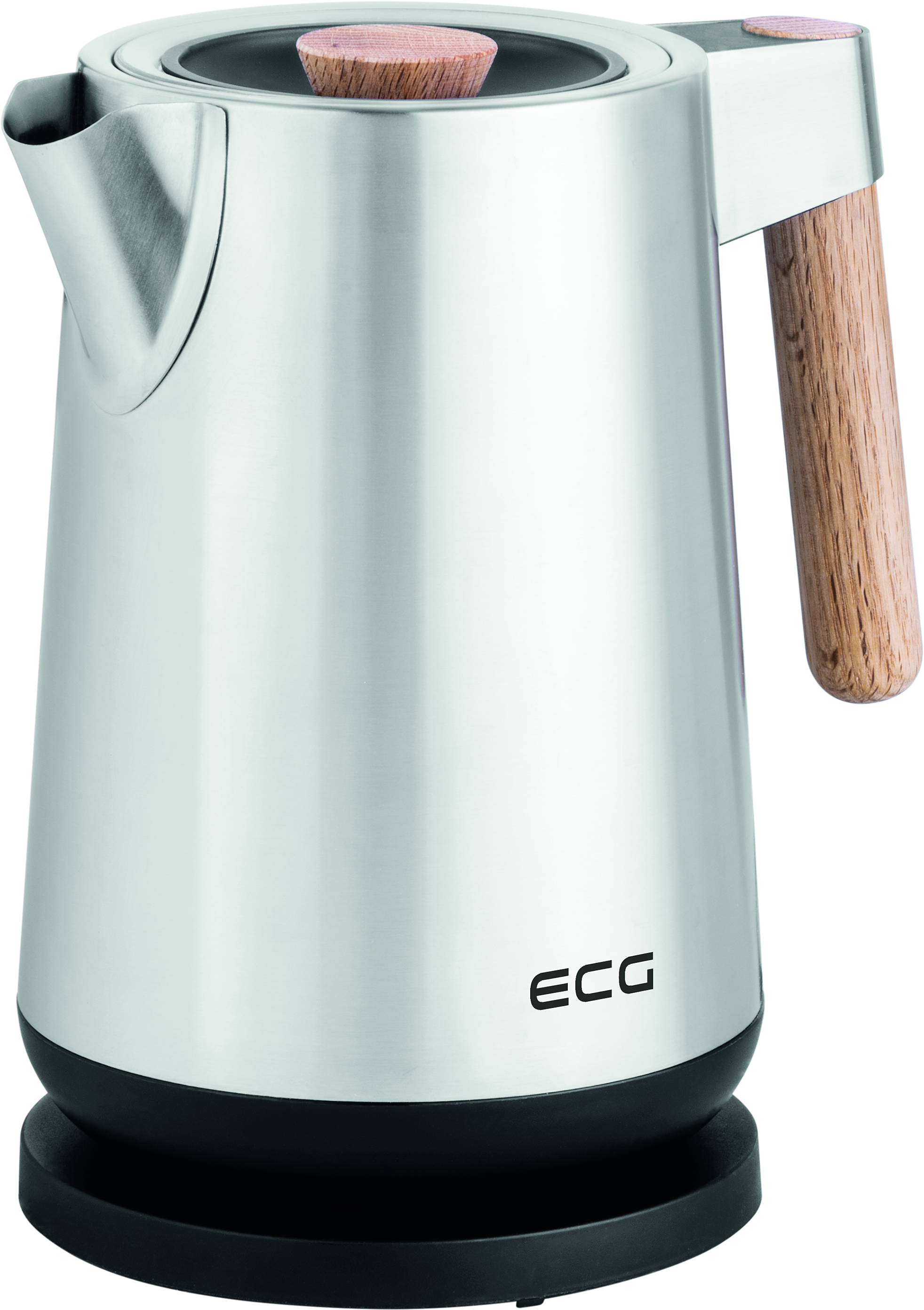 Stalowy czajnik z drewnianym uchwytem i pokrywką. Z przodu widnieje nazwa marki "ECG".
