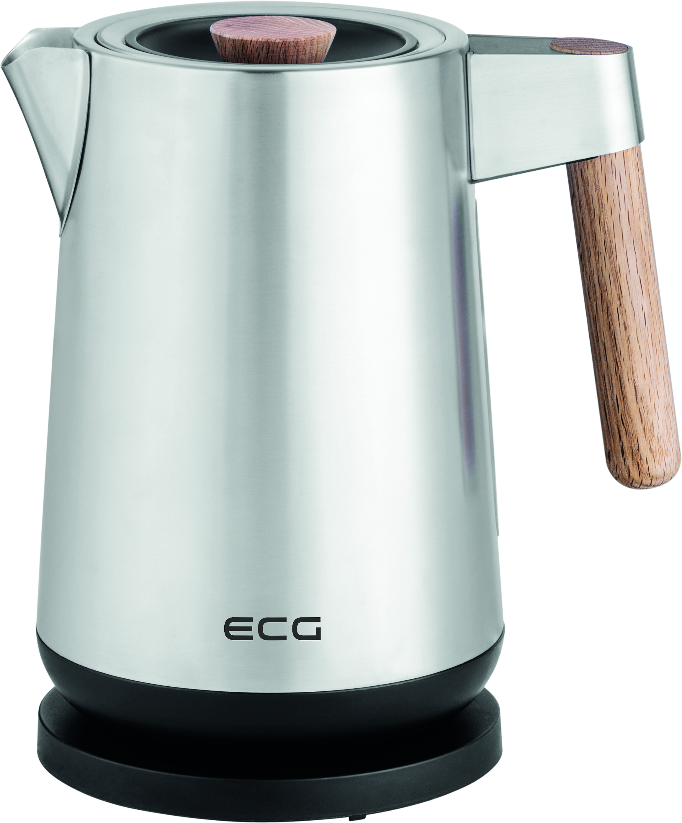 Srebrny czajnik elektryczny z drewnianym uchwytem i pokrywką. Czarna podstawa i logo.