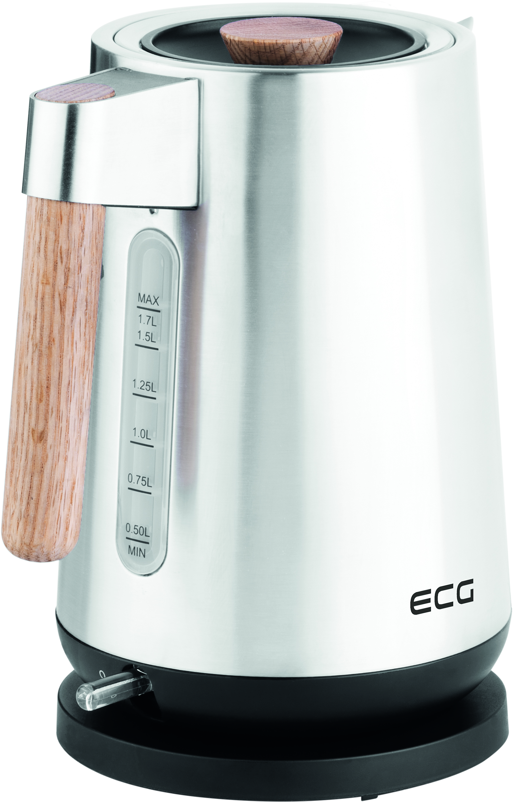 Czajnik elektryczny ze stali nierdzewnej z drewnianym uchwytem i gałką oraz czarną podstawą.