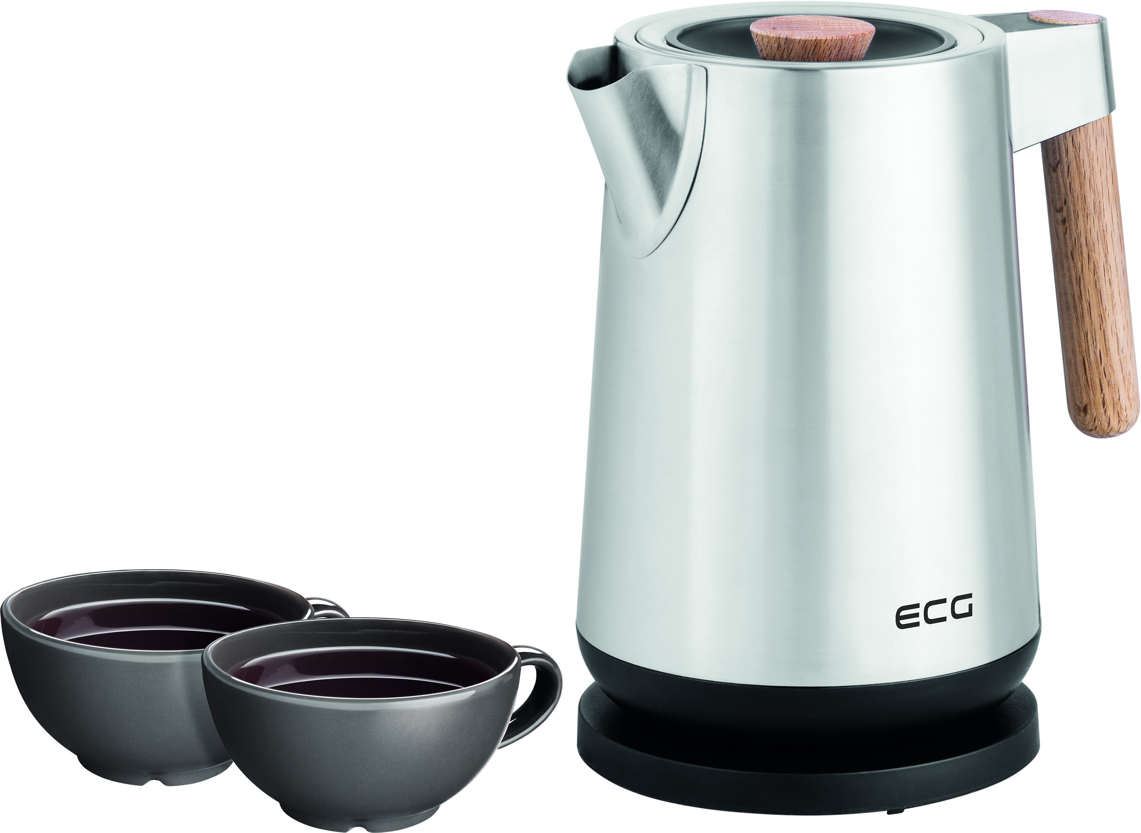 Czajnik elektryczny ze stali nierdzewnej z dwoma szarymi filiżankami i drewnianym uchwytem.