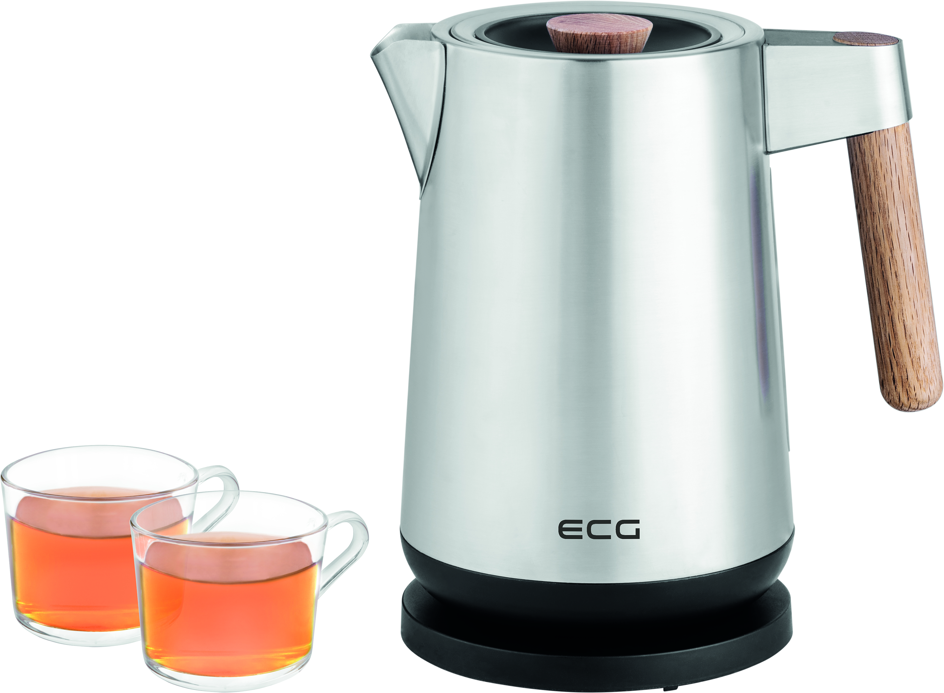 Czajnik ze stali nierdzewnej z drewnianym uchwytem i czarną podstawą. Dwie filiżanki herbaty są w pobliżu.