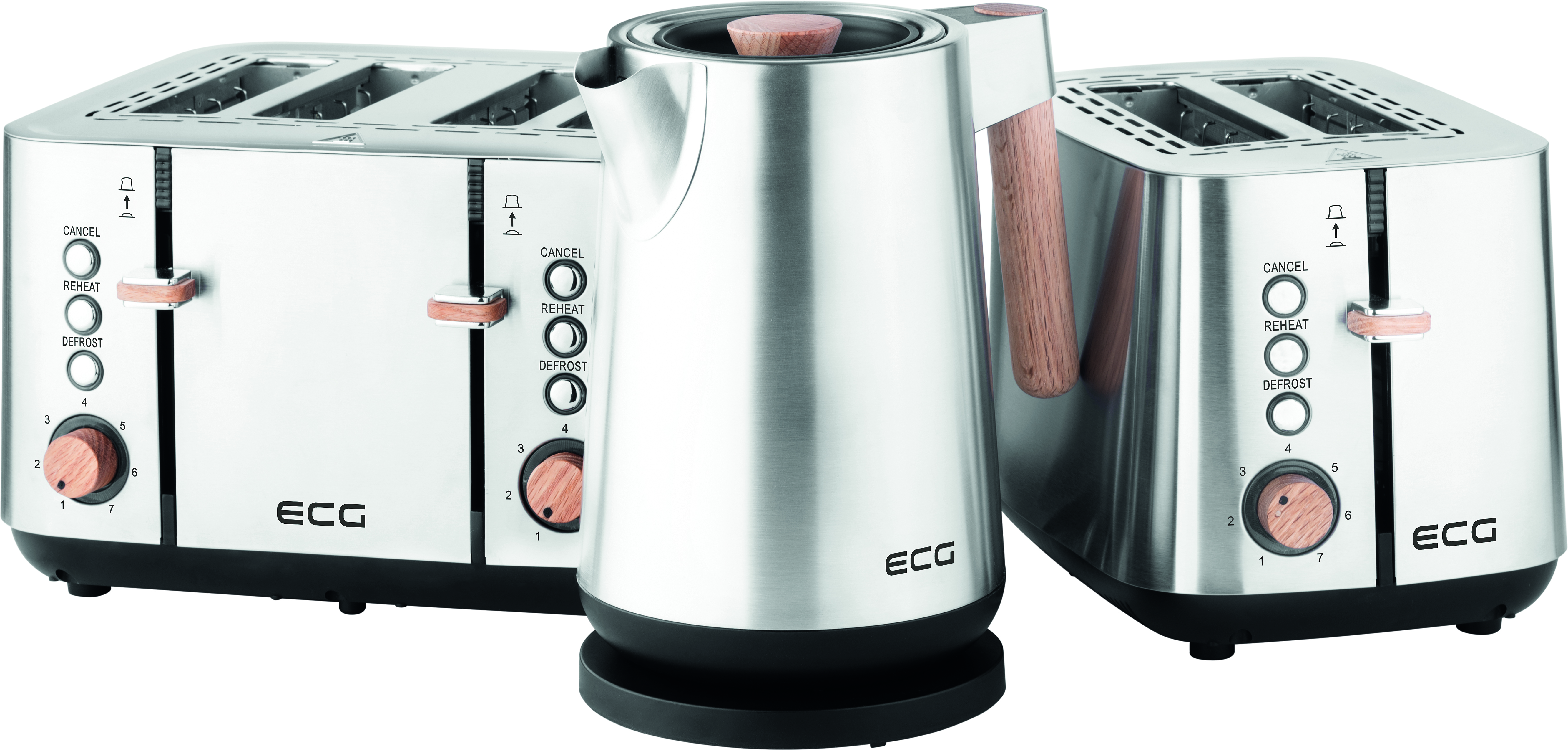 Zestaw tostera i czajnika. Wykonane są ze stali i drewna.