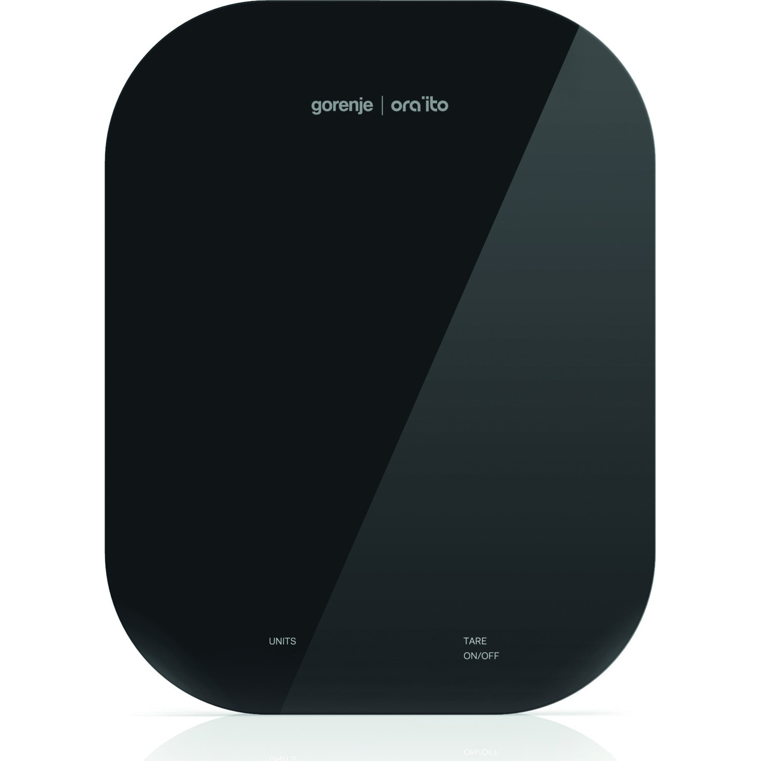 Schwarze, ovale Waage mit dem Markennamen 'gorenje | ora-ito' und Touch-Tasten.