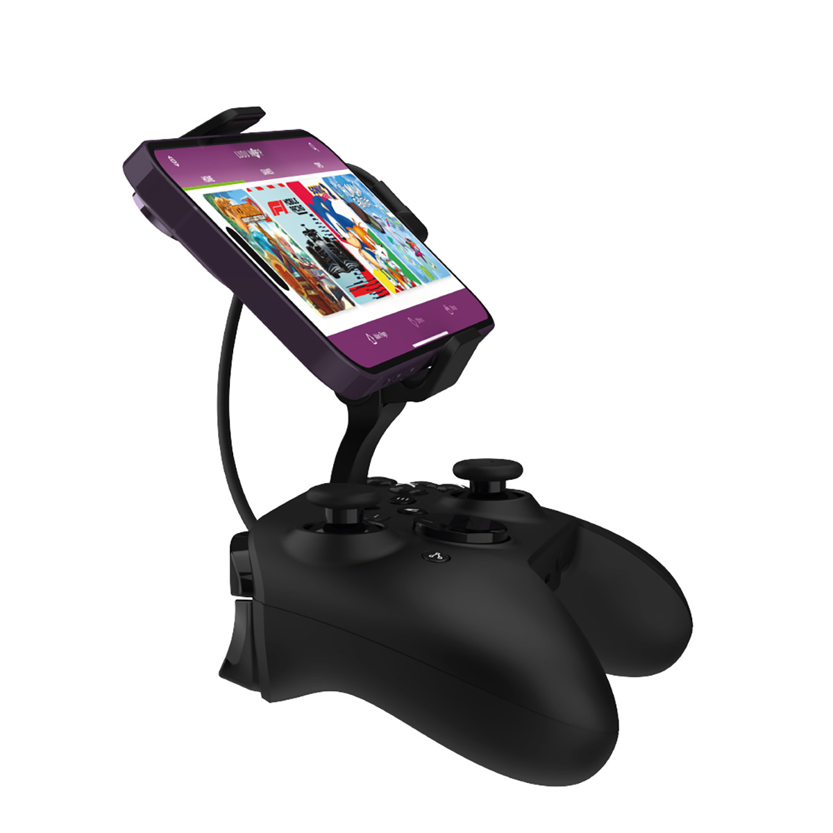 Ein schwarzes Gamepad mit Telefonhalterung. Ein Telefon zeigt eine Spieloberfläche.