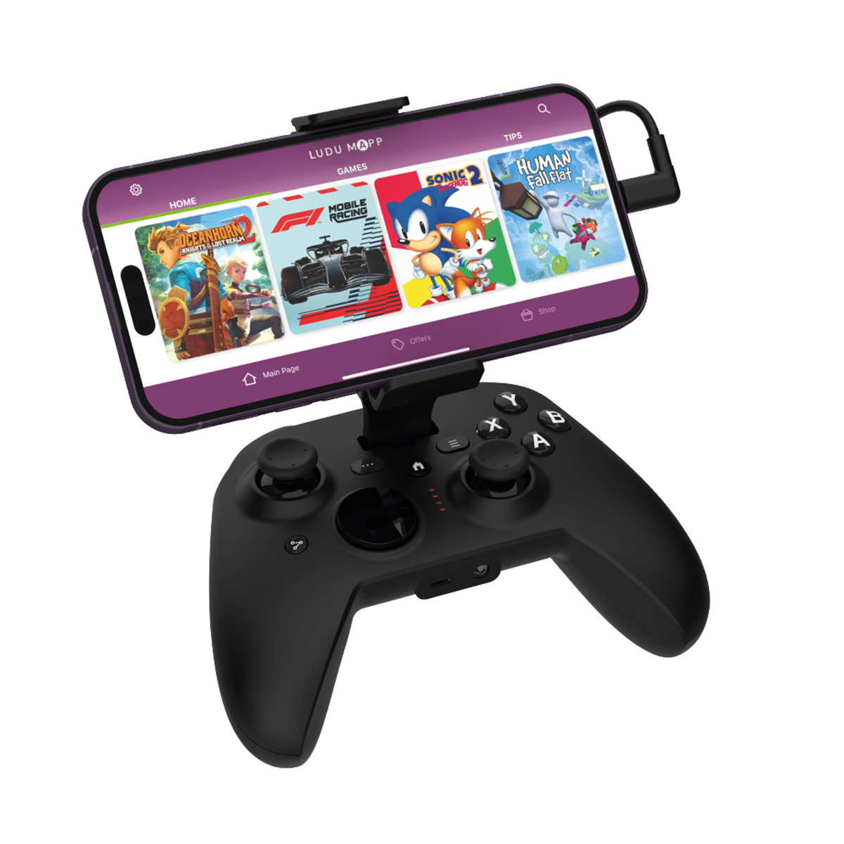 Schwarzer Gamecontroller mit befestigtem Telefon. Das Telefon zeigt eine Spieloberfläche an.