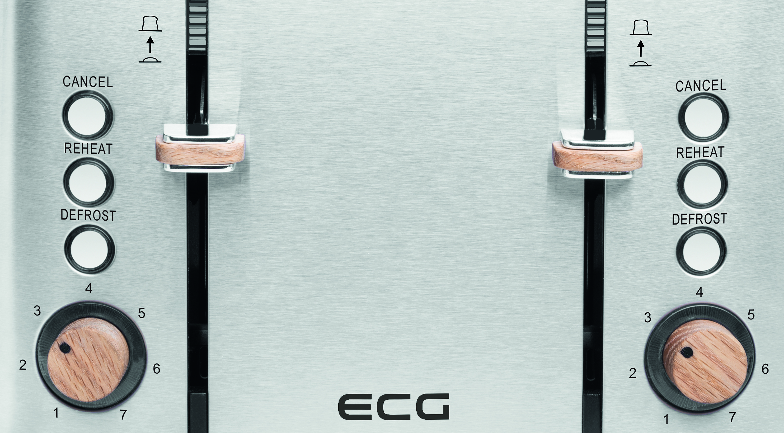 Zbliżenie srebrnego tostera. Przyciski: Anuluj, Podgrzej, Rozmrażaj. Ustawienia: 1-7. Drewniana dźwignia.