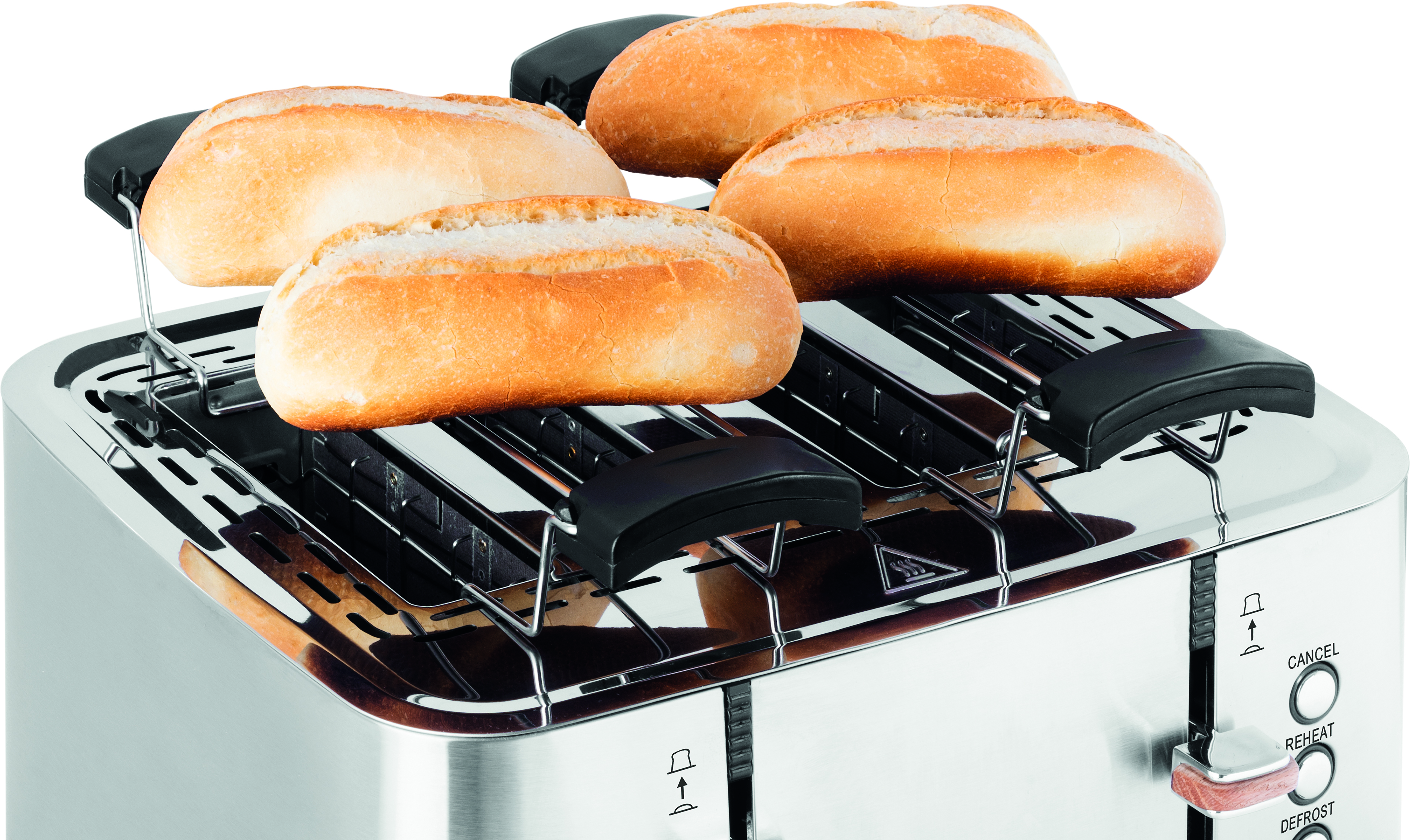 Toster z czterema kromkami chleba w środku. Toster jest ze stali nierdzewnej.