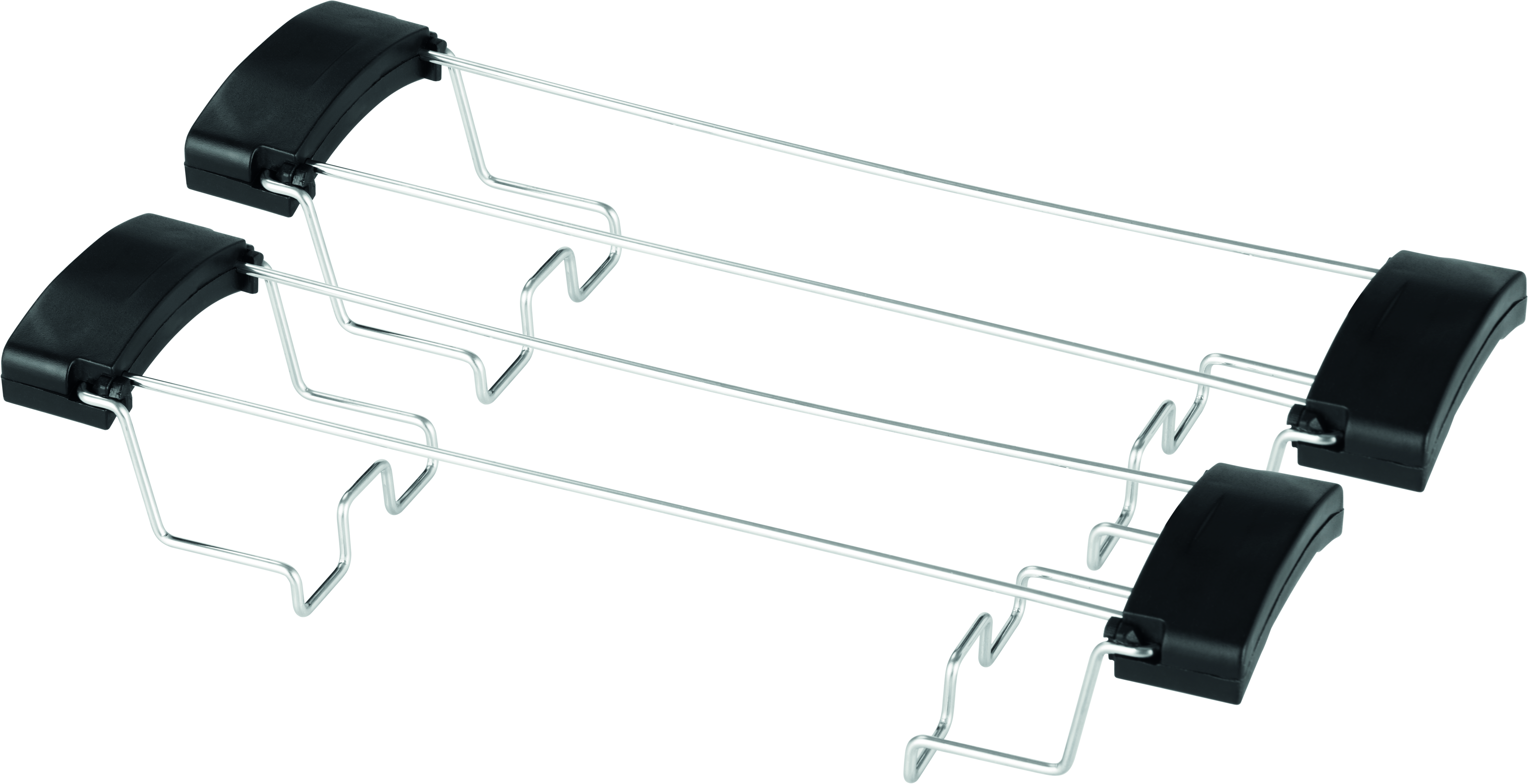 Dwa srebrno-czarne regulowane wsporniki półek, skierowane w górę. Białe tło.