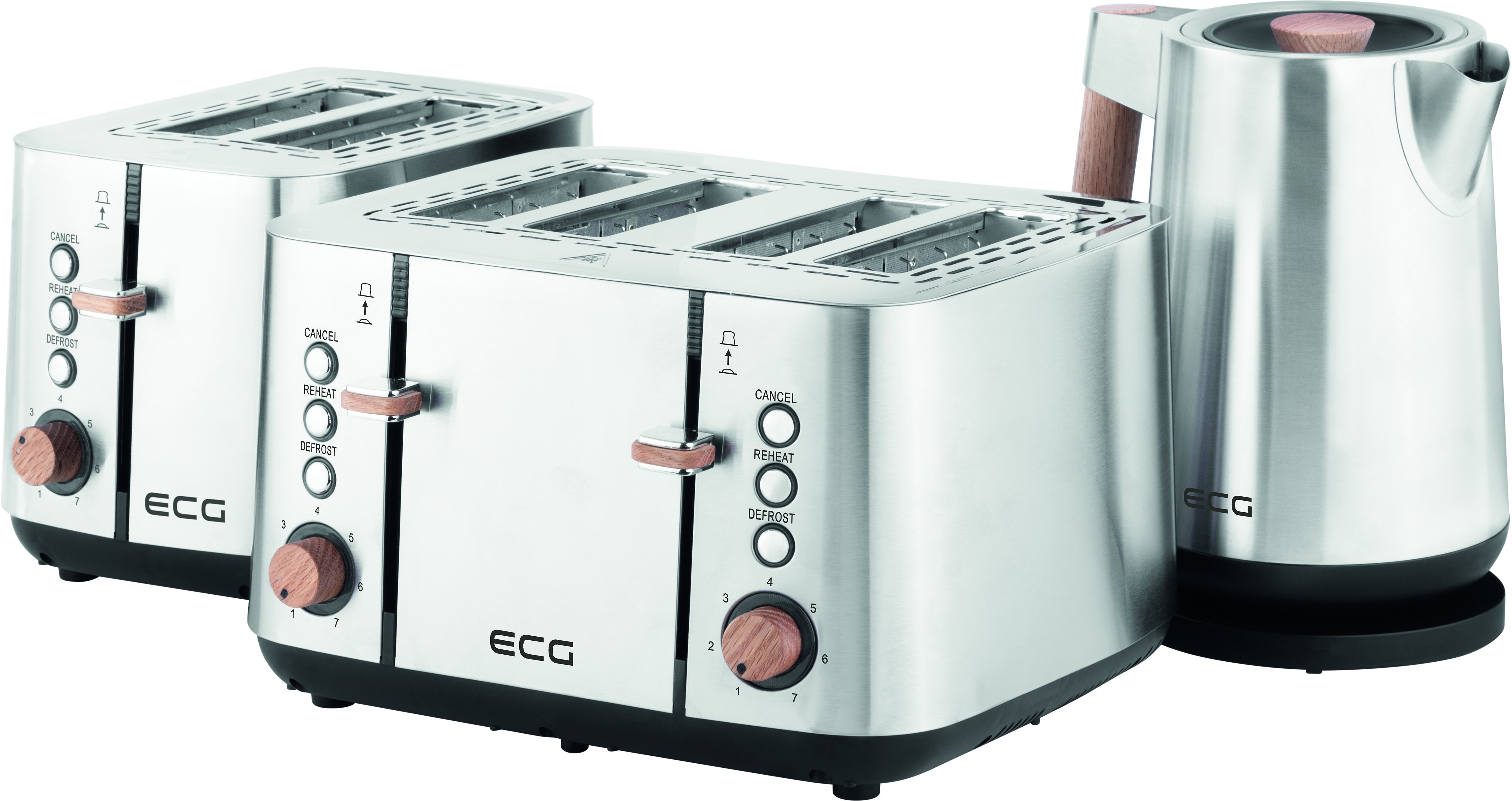 Ein Edelstahl-Toaster und Wasserkocher-Set. Sie haben holzfarbene Griffe und Knöpfe. Schwarze Basen.