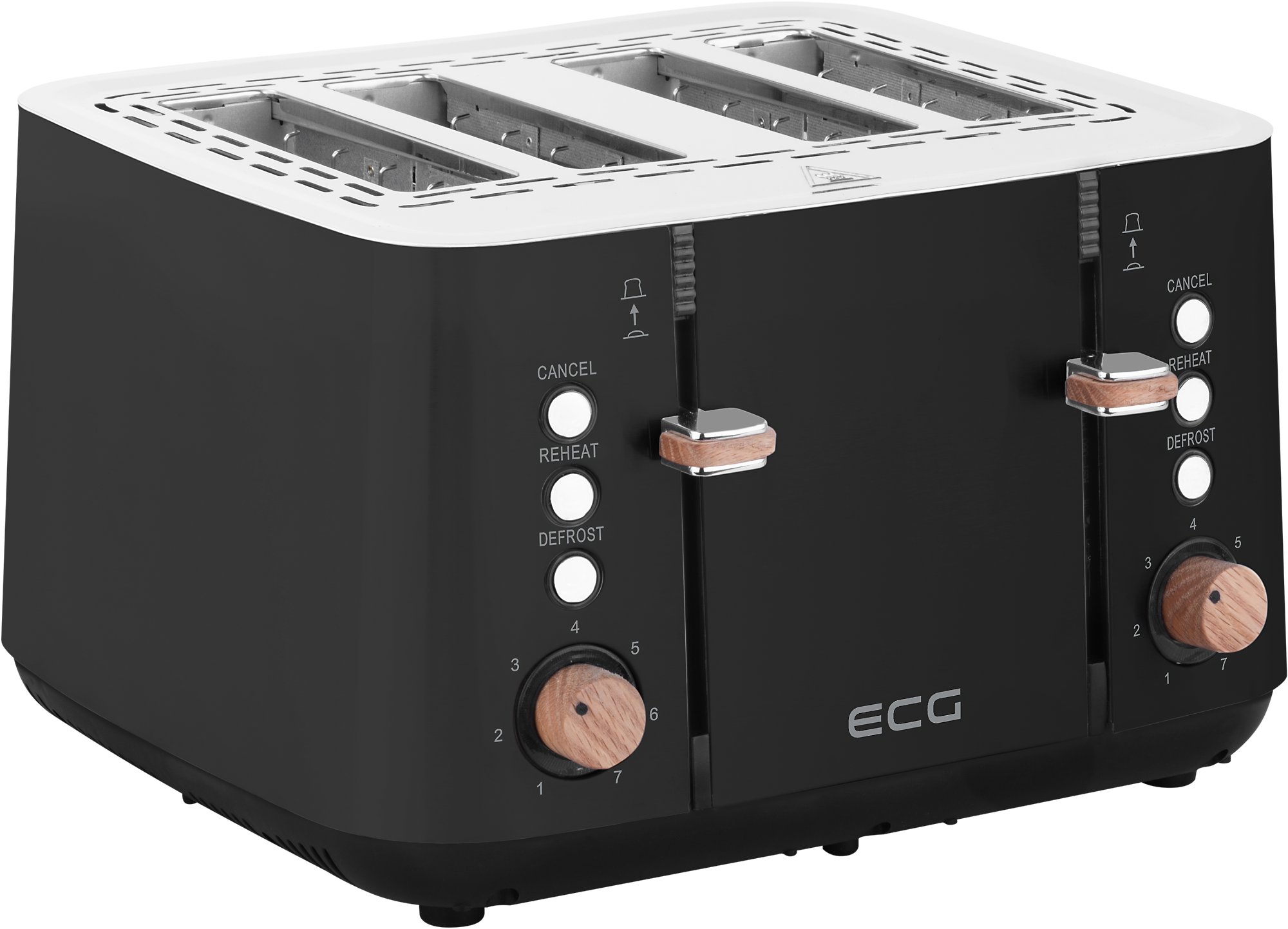 Czarno-biały toster z drewnianymi pokrętłami. Funkcje anuluj, podgrzewanie i rozmrażanie.