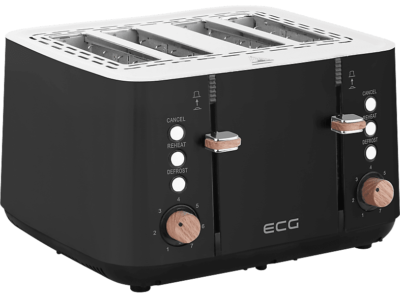 ECG ST 4768 Timber | Toaster | 4 Fächer für Toast | 7 Intensitätsstufen | Kabelaufbewahrung | Schwarz | Toaster Schwarz (1850 Watt, Schlitze: 4)