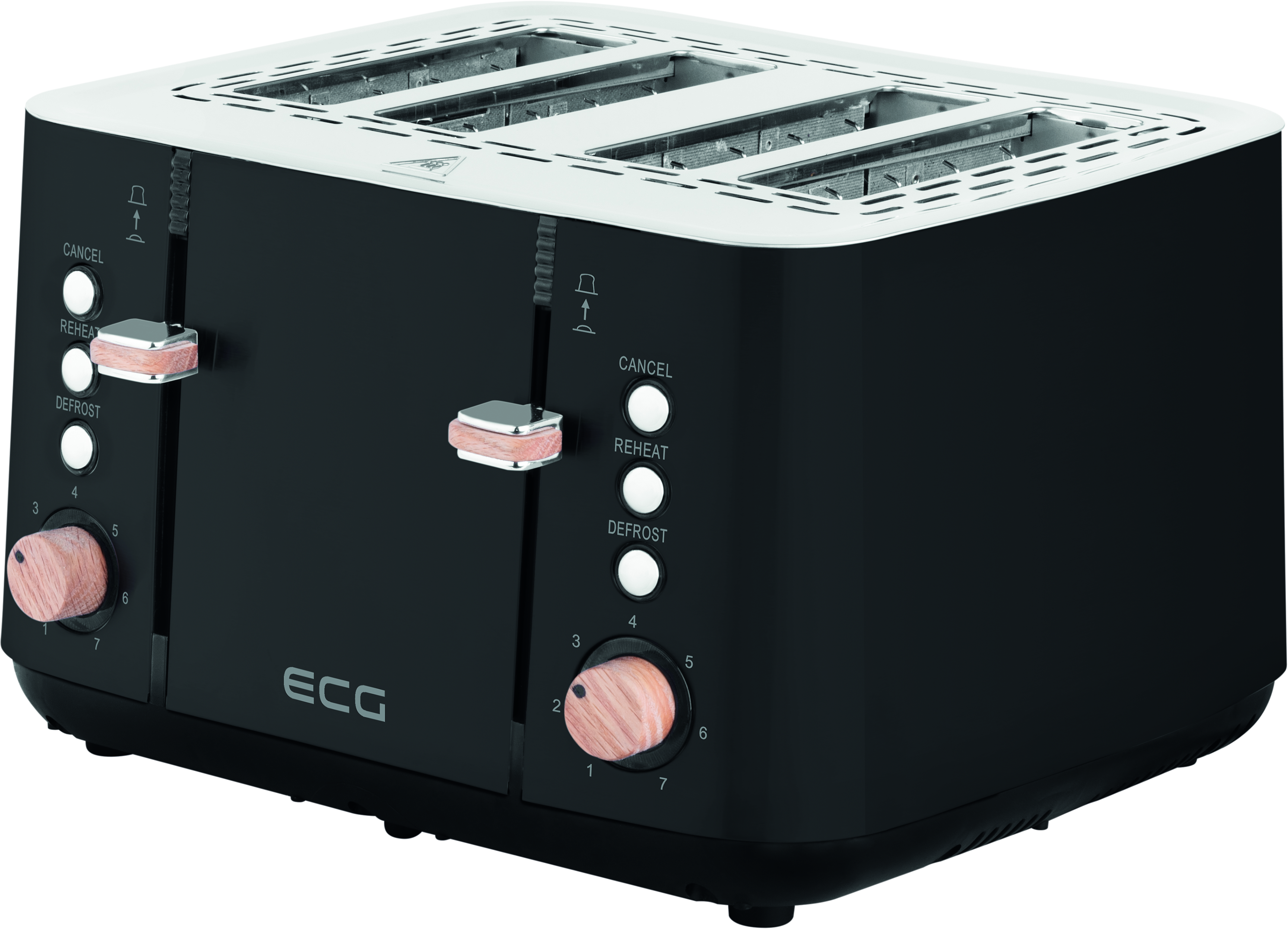 Czarno-biały toster z drewnianymi uchwytami. Ma cztery szczeliny i przyciski sterowania.