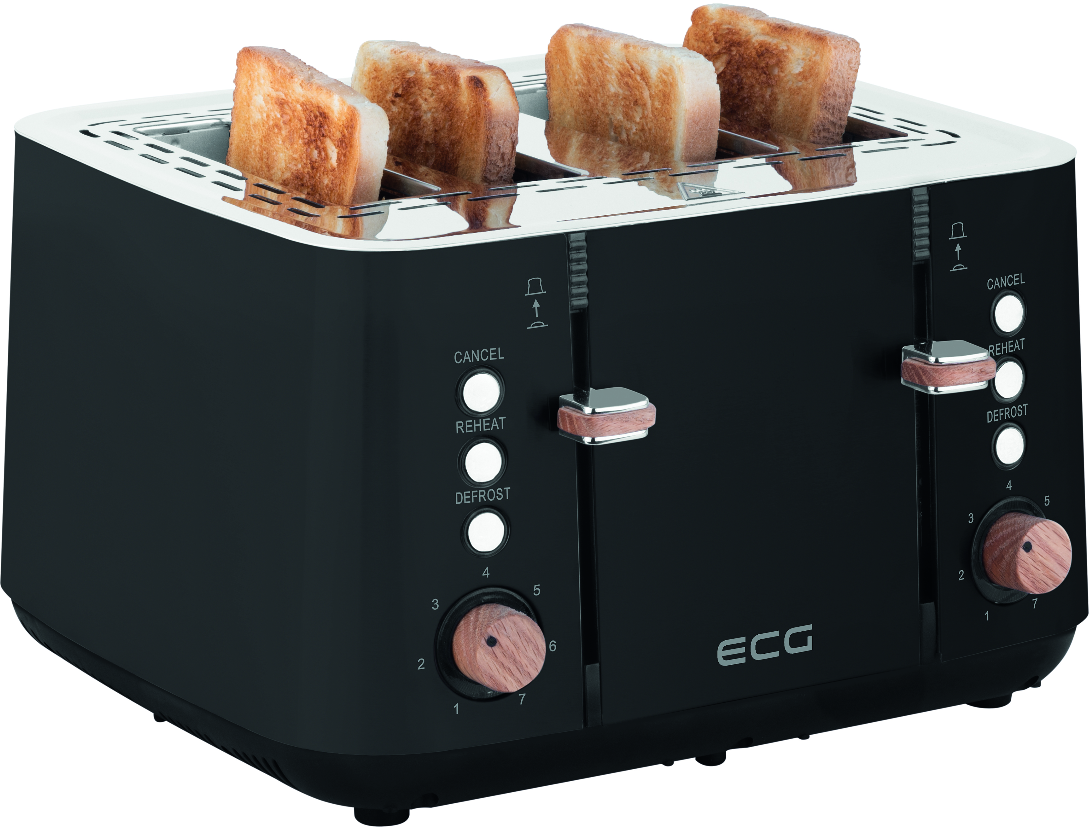 | Schlitze: (1850 7 | | ECG Schwarz Kabelaufbewahrung | Toaster für Fächer Schwarz Toast 4768 4 Watt, | | 4) Timber ST Toaster Intensitätsstufen