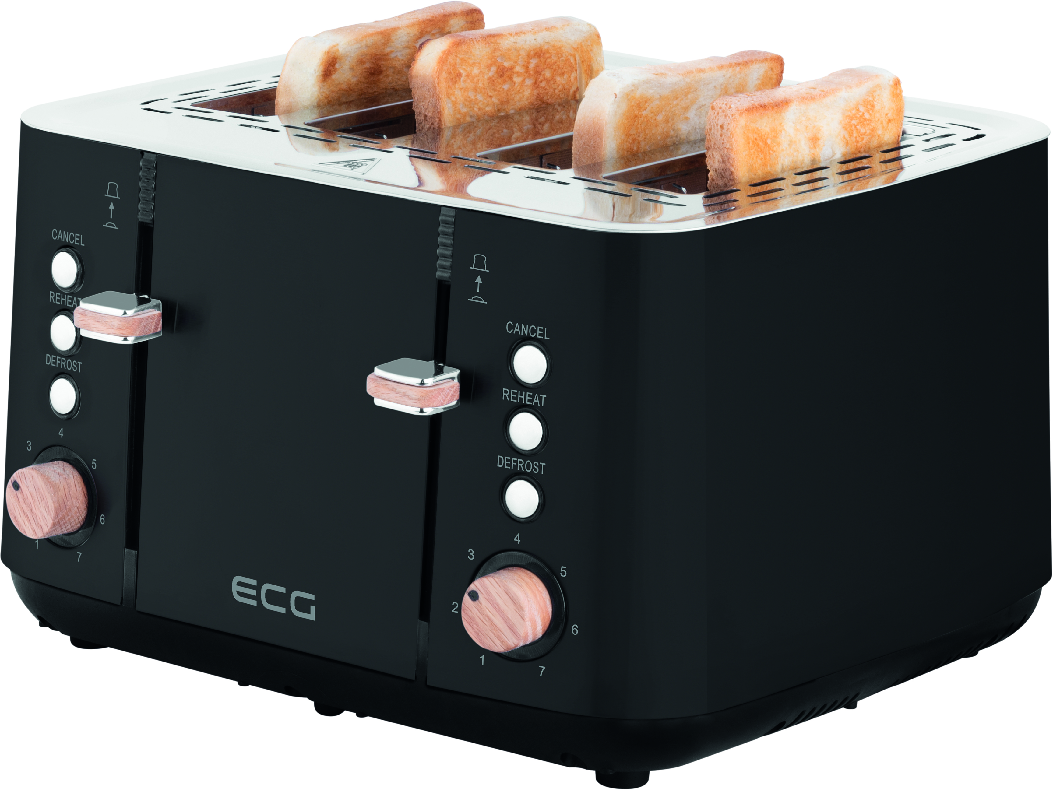 ECG ST (1850 | | | Toaster | für 4) 7 4 | | Toast Kabelaufbewahrung Schwarz Schwarz Schlitze: Watt, Timber Fächer Toaster 4768 Intensitätsstufen