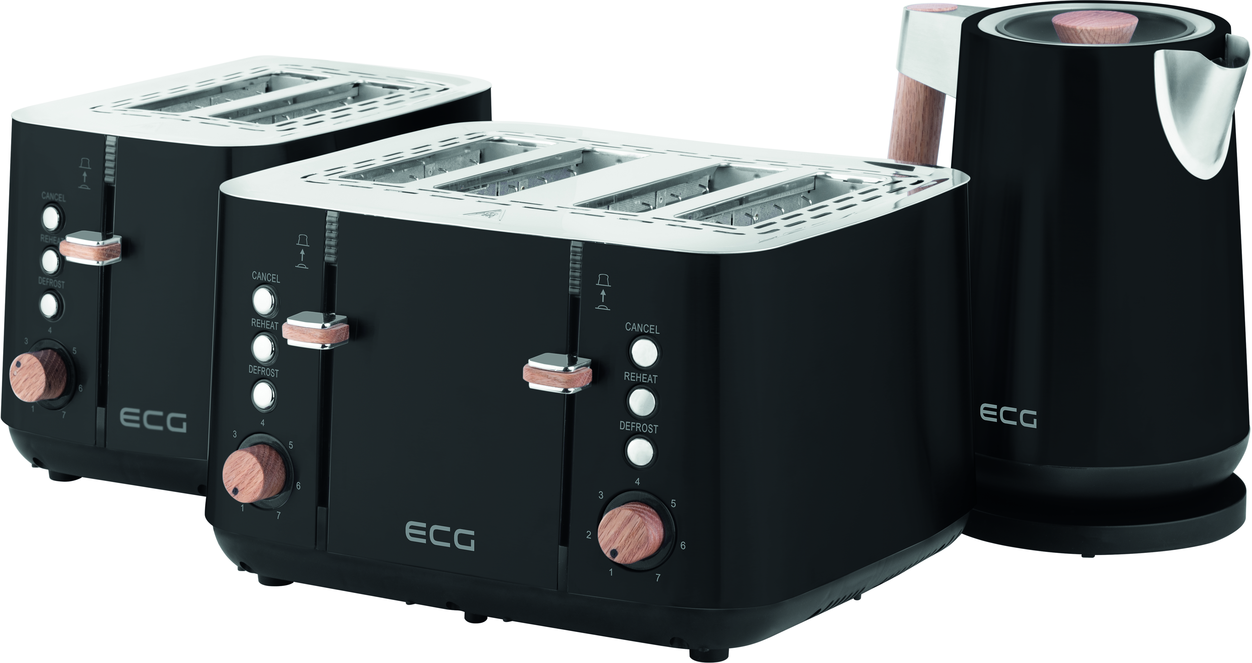 Schwarze Toaster und ein Wasserkocher auf weißer Oberfläche. Die Toaster sind mit ECG beschriftet.
