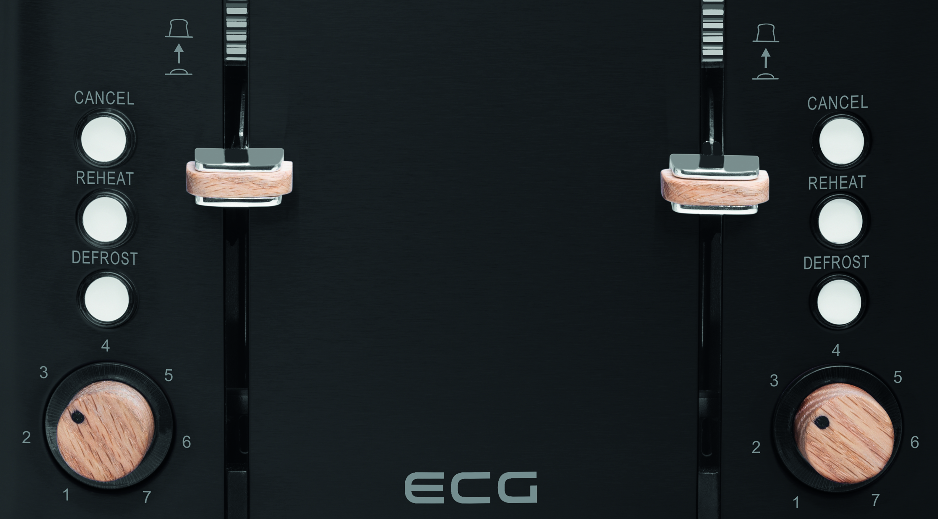 Zbliżenie czarnego tostera z drewnianymi akcentami. Przyciski anuluj, podgrzej, rozmrażaj. Pokrętła z numerami.