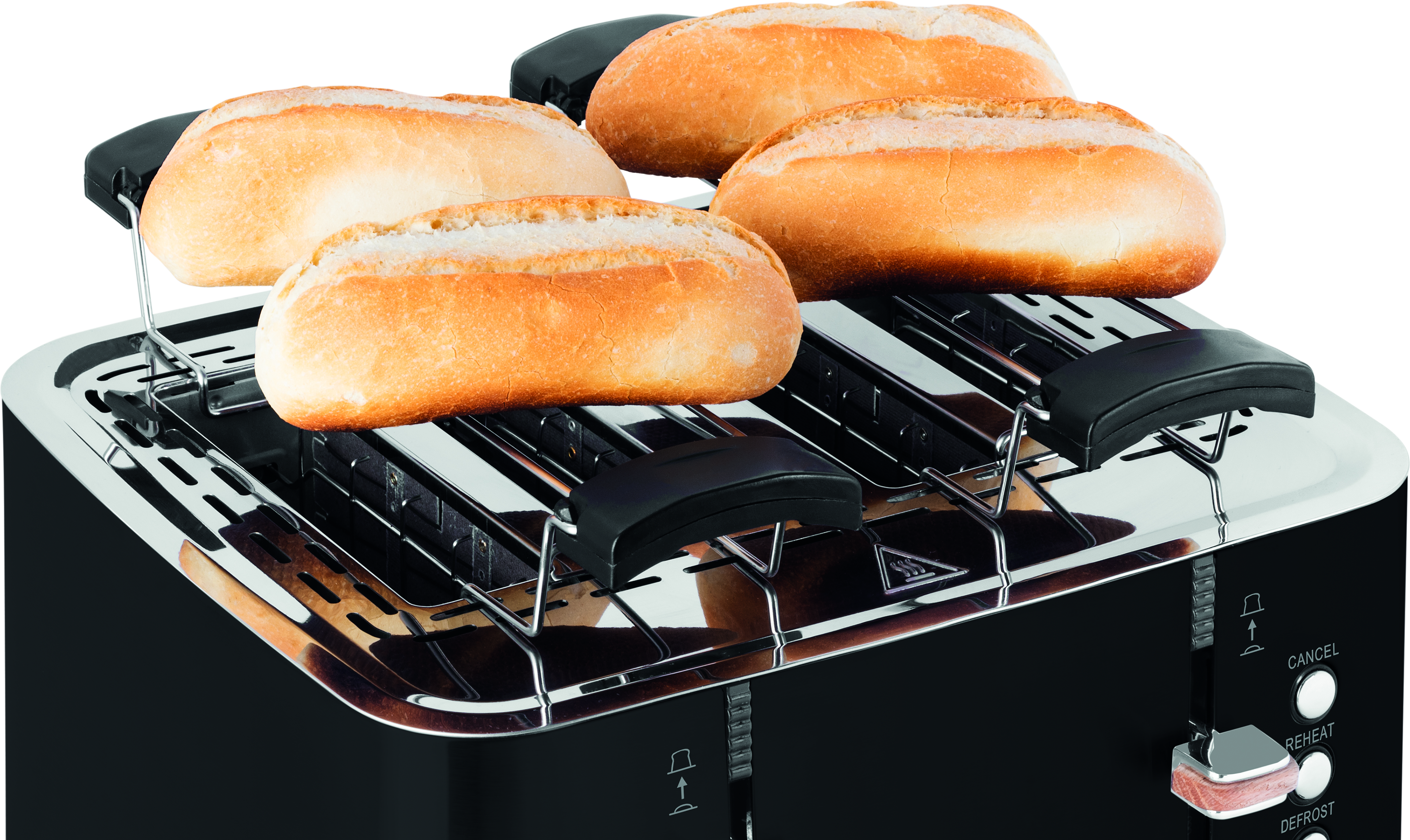 Toster z czterema bułkami na wierzchu. Toster jest czarny i błyszczący.
